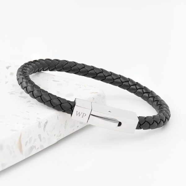 Personalised Men's Black Leather Bracelet with Tube Clasp