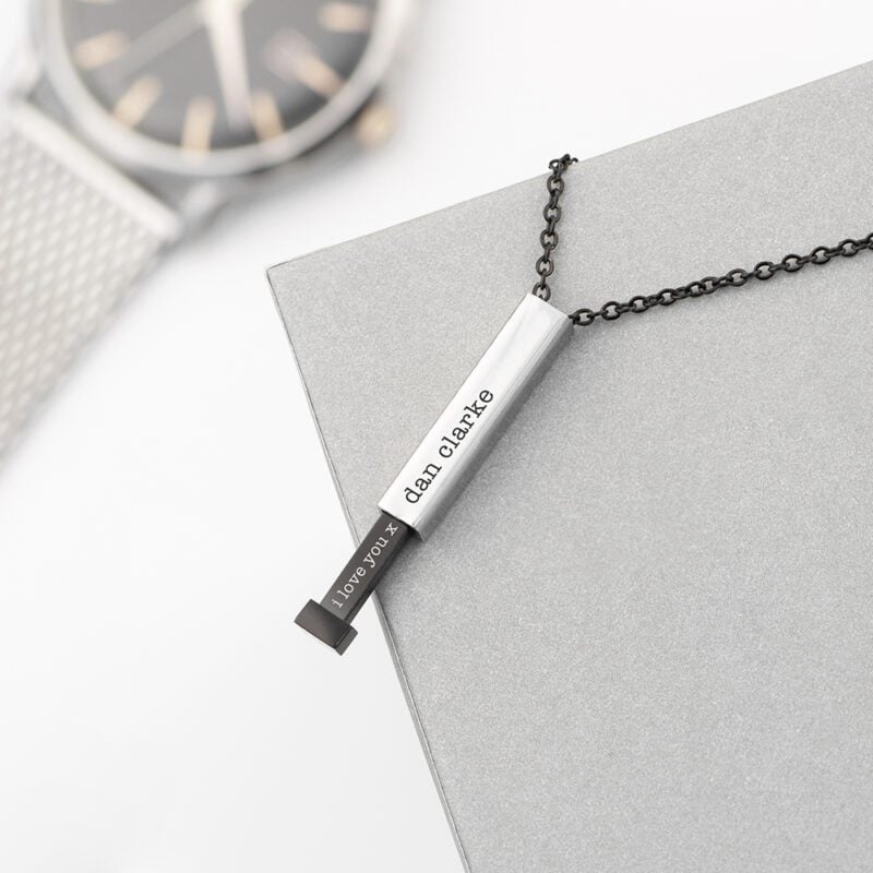 Personalised Black and Silver Square Hidden Message Capsule Men's Necklace
