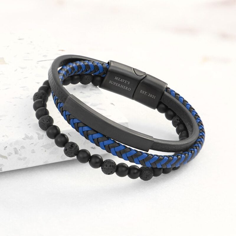 Personalised Men's Black Stone and Blue Cord Bracelet