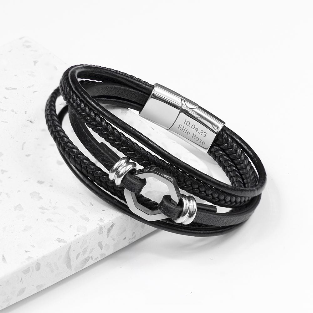 Personalised Men's Mayfair Leather Bracelet in Silver 1 Personalised Men's Mayfair Leather Bracelet in Silver