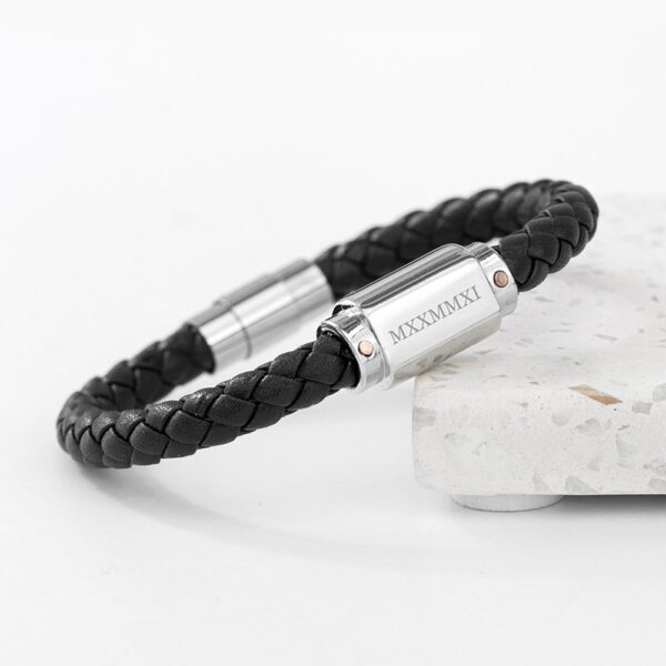 Personalised Men's Roman Numerals Luxury Black Leather Bracelet 3 Personalised Men's Roman Numerals Luxury Black Leather Bracelet