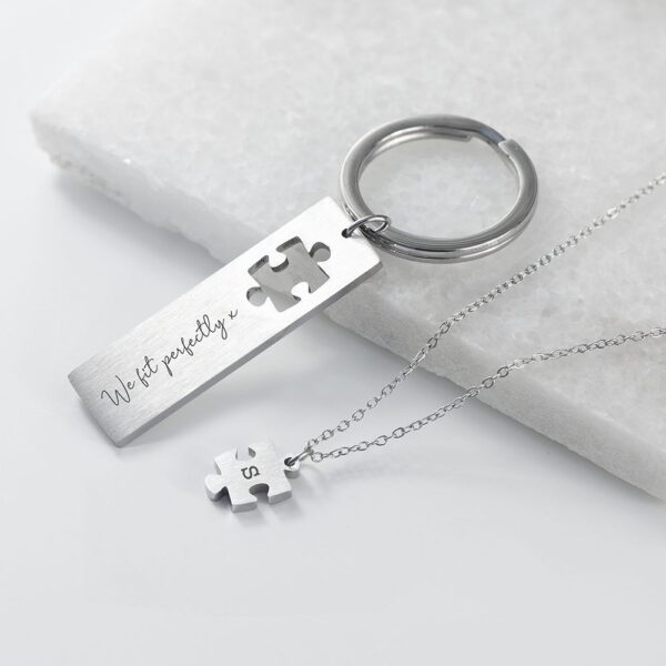 Personalised Perfect Fit Puzzle Piece Necklace & Keyring Set 19 Personalised Perfect Fit Puzzle Piece Necklace & Keyring Set