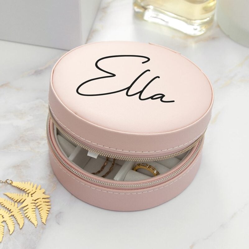 Personalised Blush Pink Round Jewellery Case
