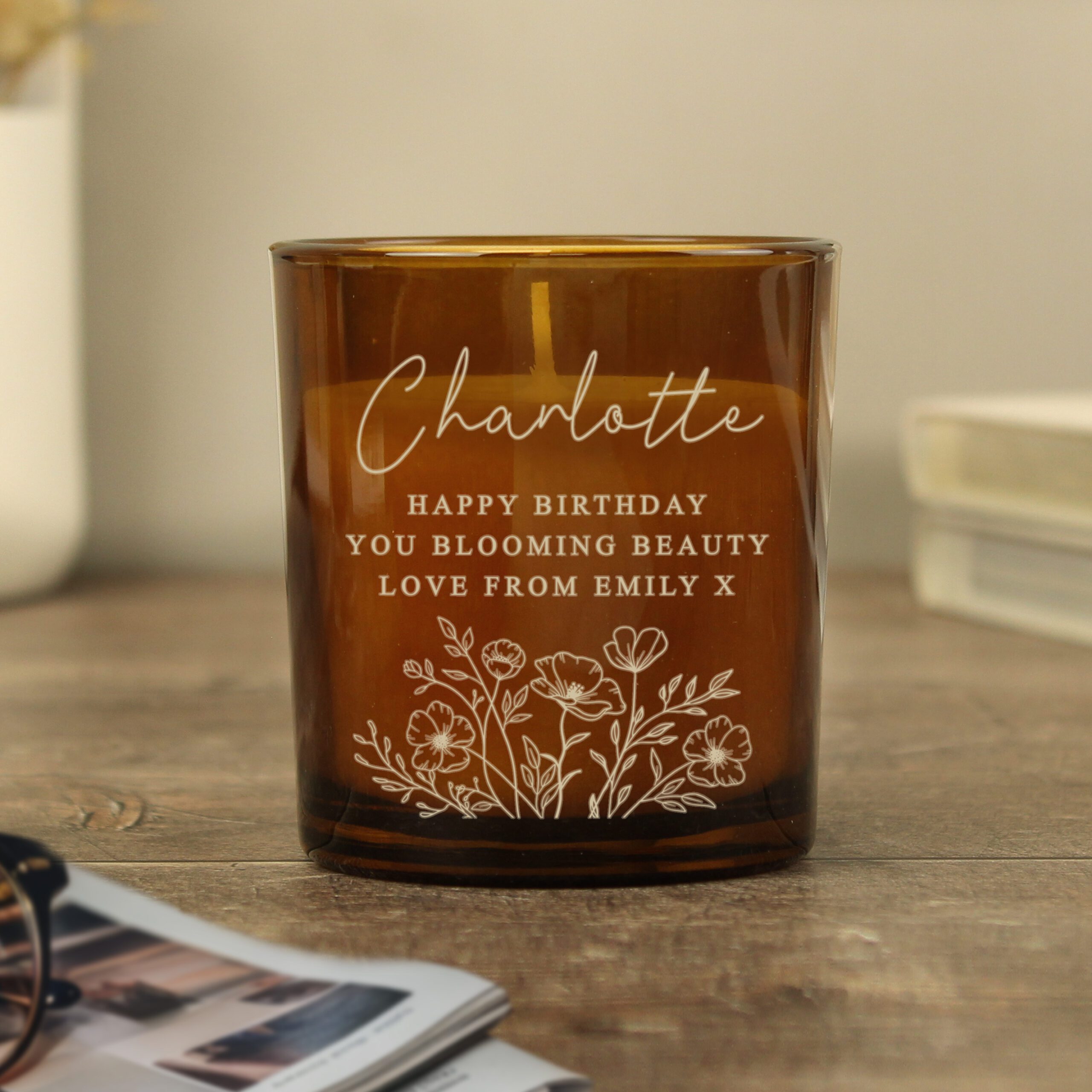 Personalised Wild Flowers Amber Glass Candle 1 Personalised Wild Flowers Amber Glass Candle