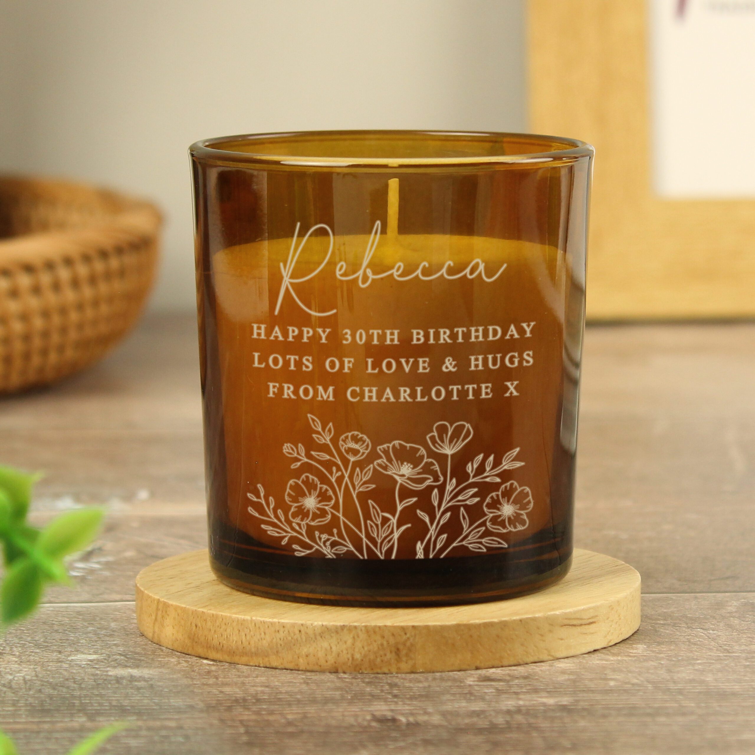 Personalised Wild Flowers Amber Glass Candle 4 Personalised Wild Flowers Amber Glass Candle