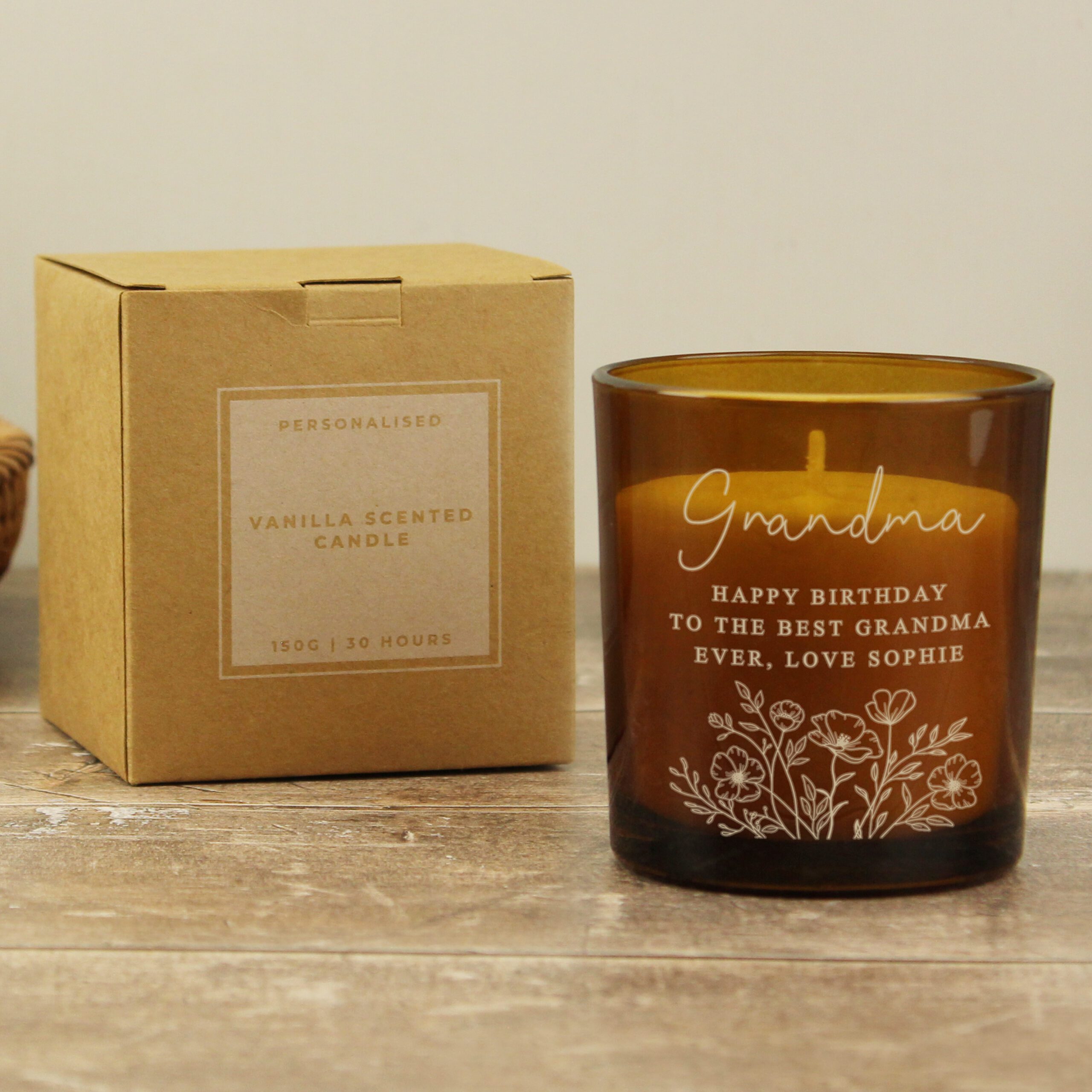 Personalised Wild Flowers Amber Glass Candle 6 Personalised Wild Flowers Amber Glass Candle