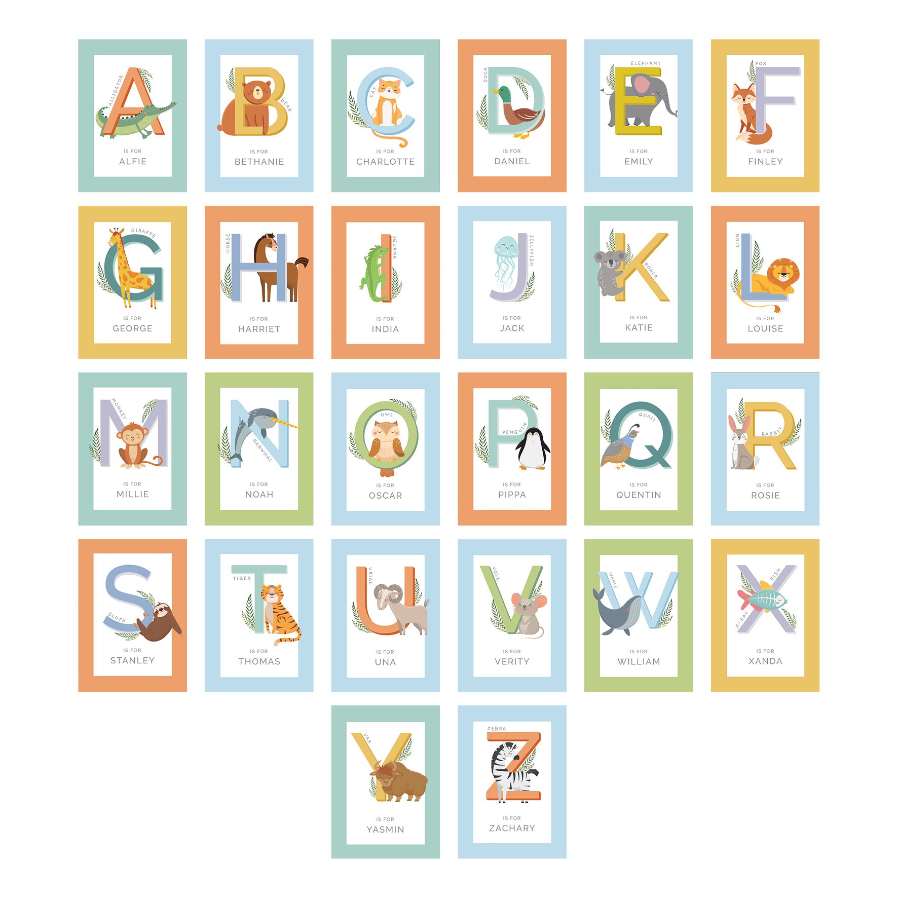 Personalised Animal Alphabet Oak Poster Frame 2 Personalised Animal Alphabet Oak Poster Frame