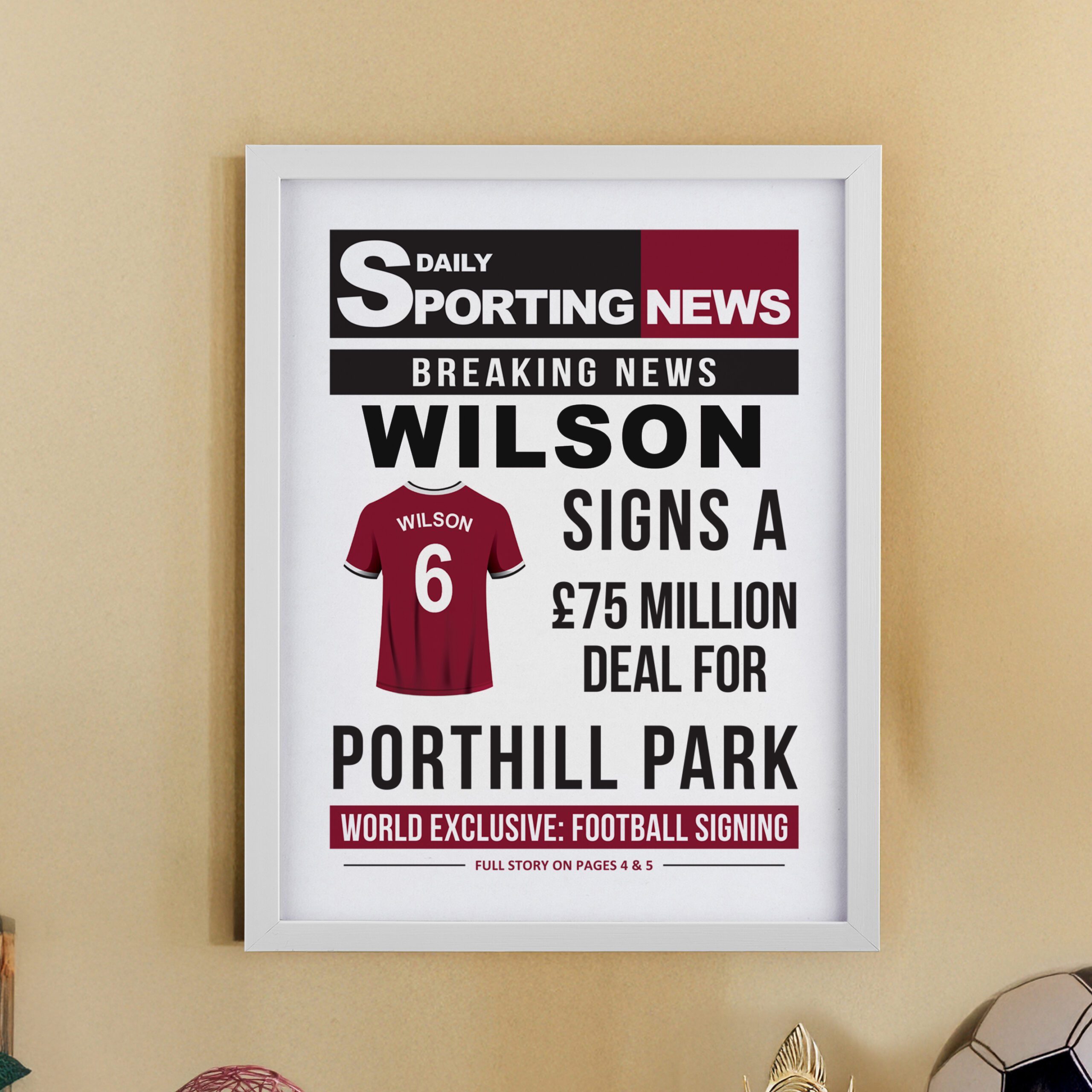 Personalised Football News White Poster Frame 7 Personalised Football News White Poster Frame