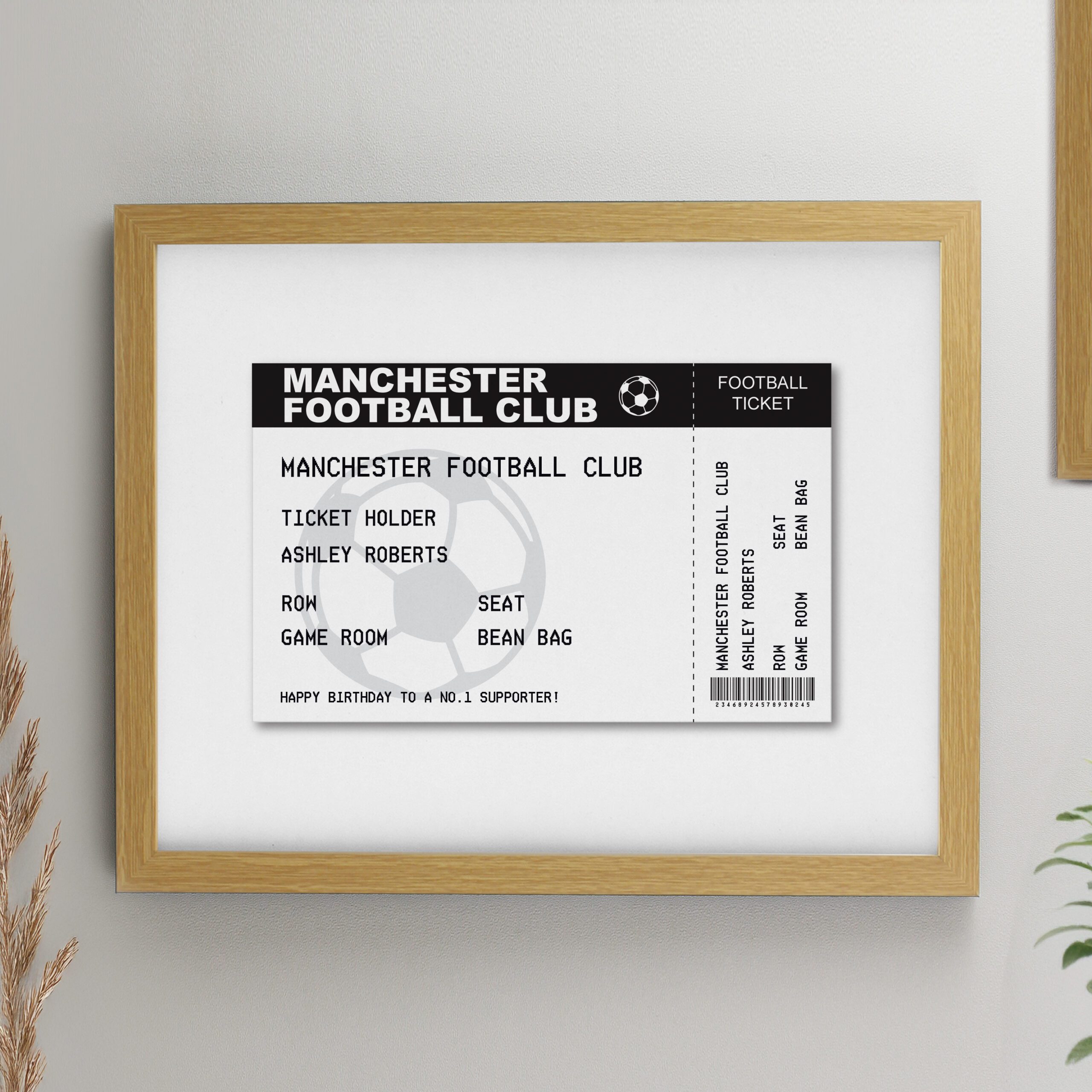 Personalised Football Ticket Oak Poster Frame 1 Personalised Football Ticket Oak Poster Frame