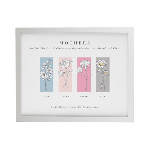 Personalised Birth Flower Family of 4 White Framed Print