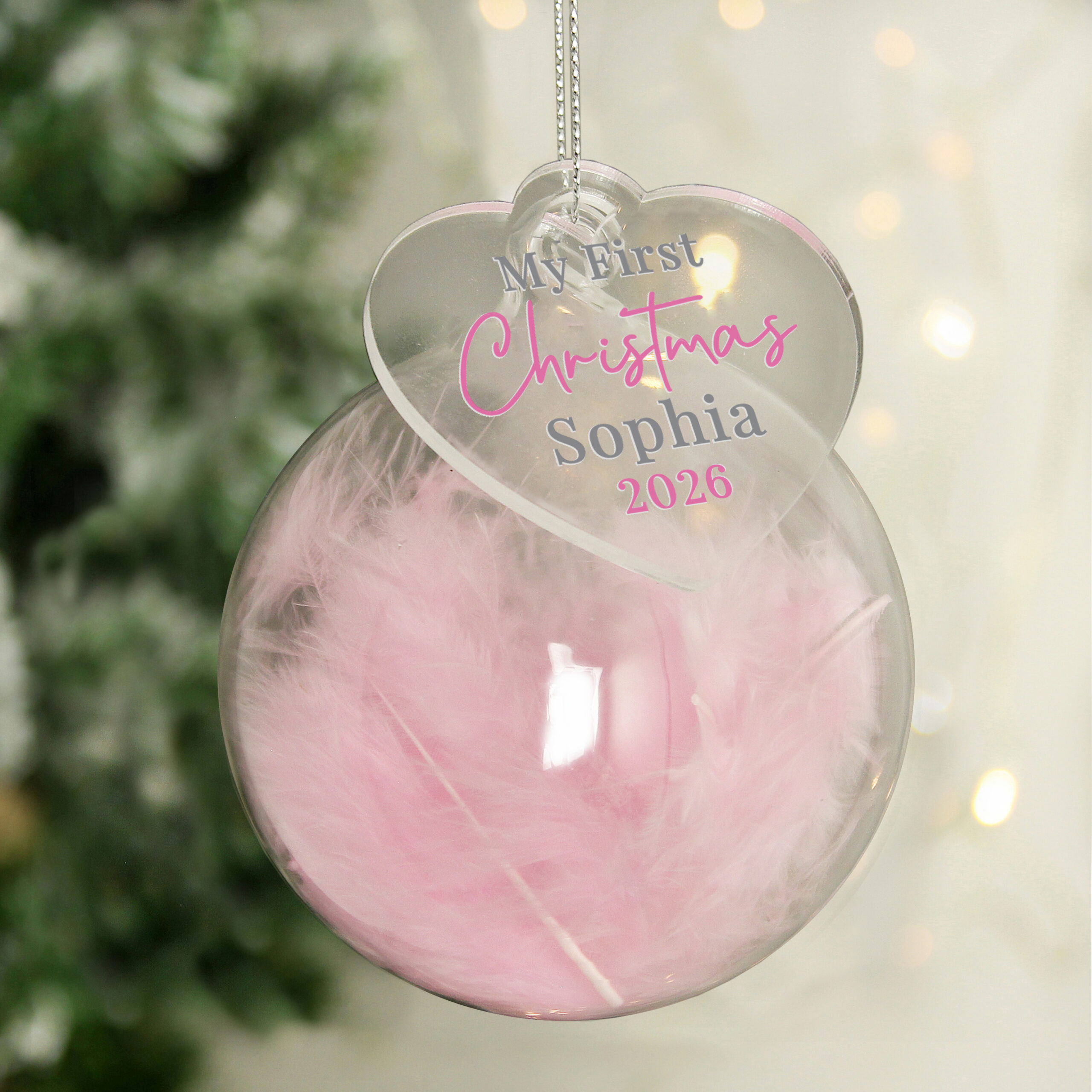 Personalised My 1st Christmas Pink Feather Bauble 1 Personalised My 1st Christmas Pink Feather Bauble