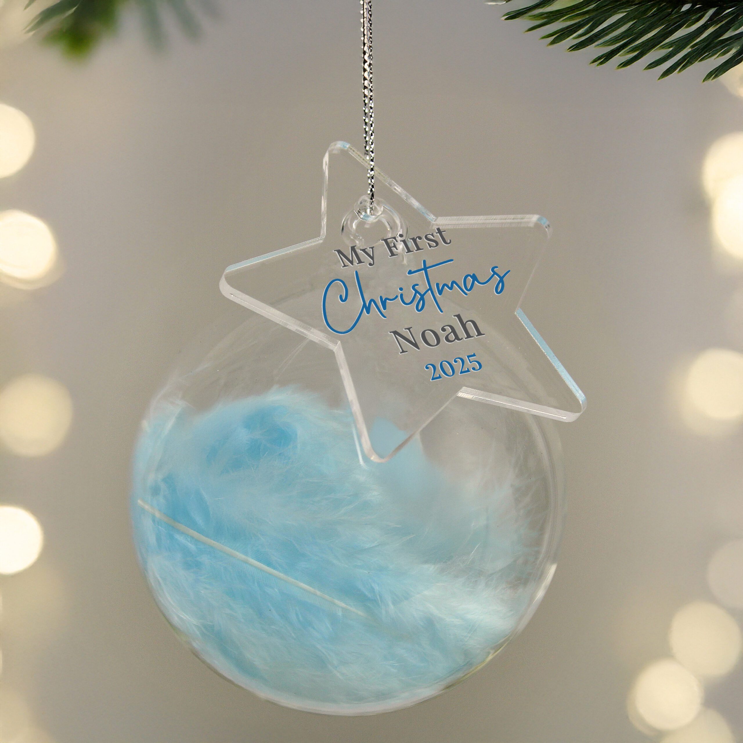 Personalised My 1st Christmas Blue Feather Bauble