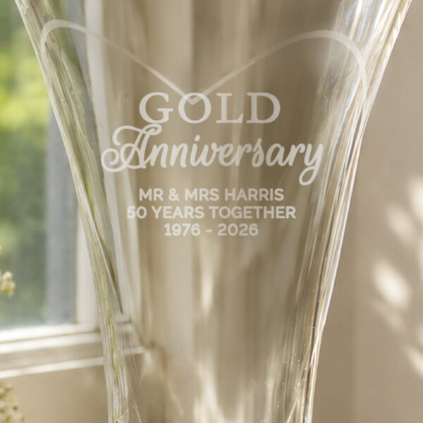 Personalised Gold Anniversary Large Hand Cut Diamante Heart Vase