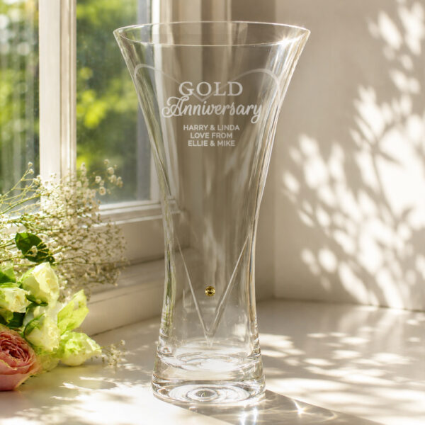 Personalised Gold Anniversary Large Hand Cut Diamante Heart Vase