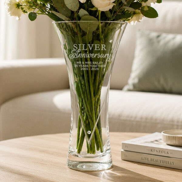 Personalised Silver Anniversary Large Hand Cut Diamond Effect Heart Vase 33 Personalised Silver Anniversary Large Hand Cut Diamante Heart Vase