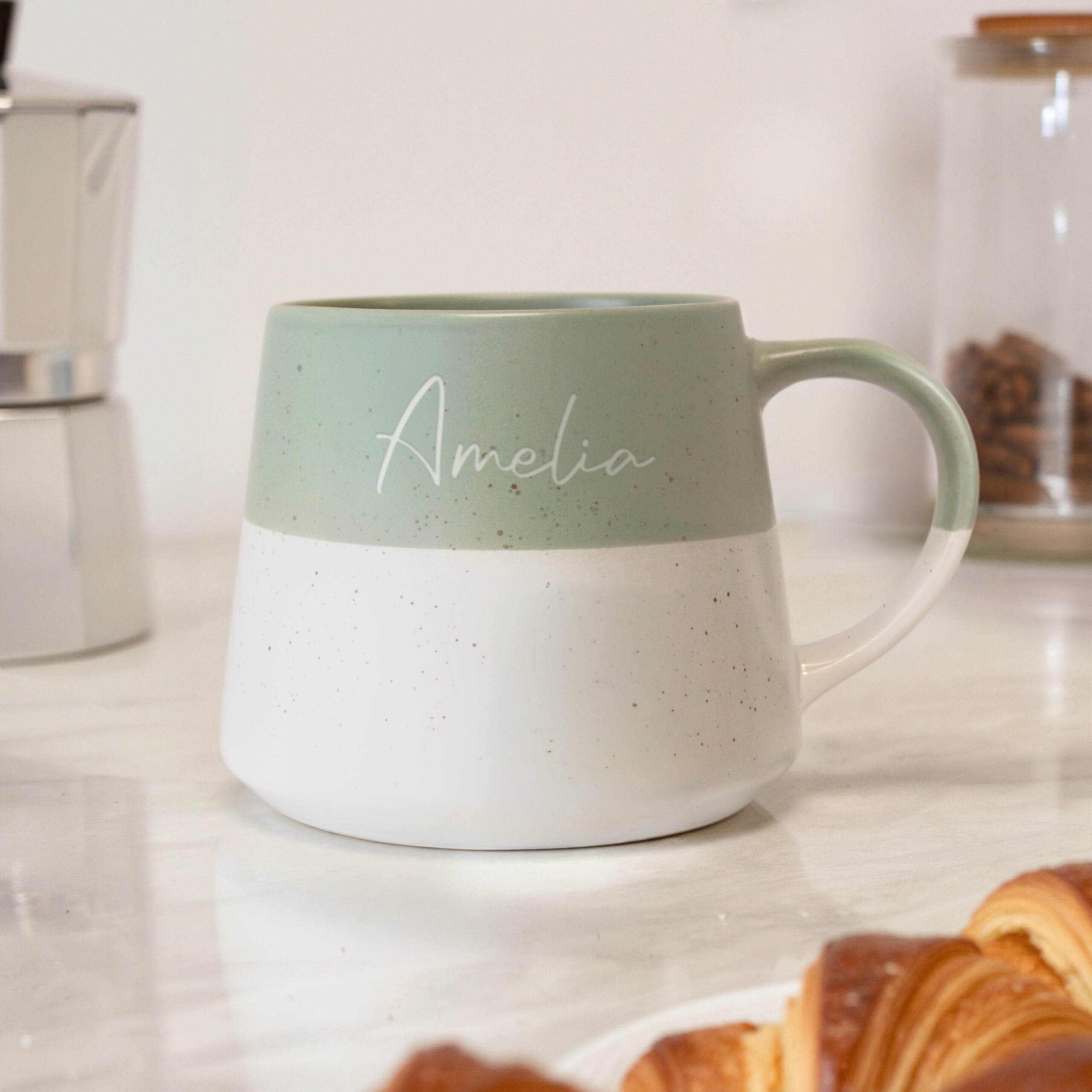 Personalised Name Green Speckled Ceramic Mug 2 Personalised Name Green Speckled Ceramic Mug