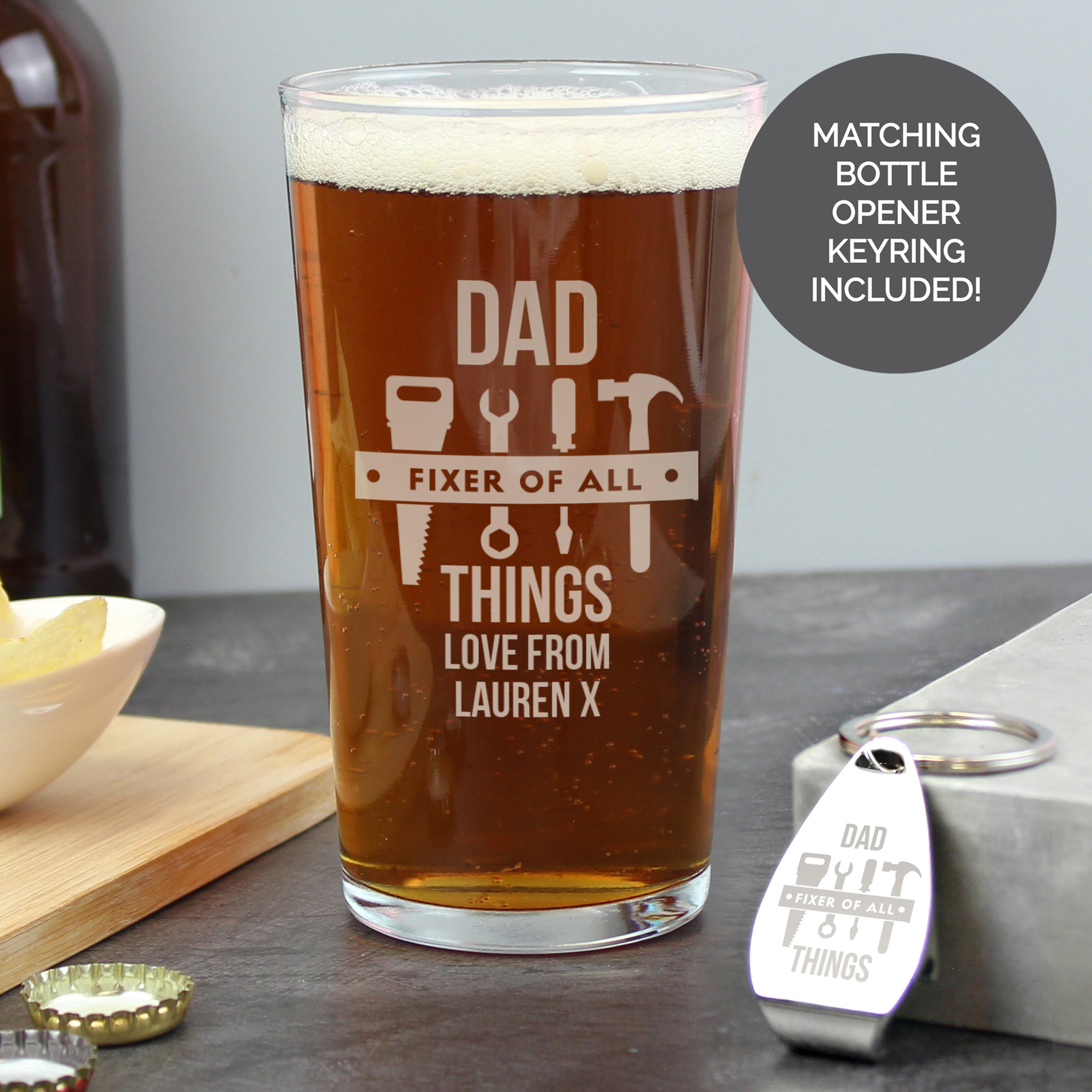 Personalised Fixer of All Things Pint Glass & Bottle Opener 1 Personalised Fixer of All Things Pint Glass & Bottle Opener