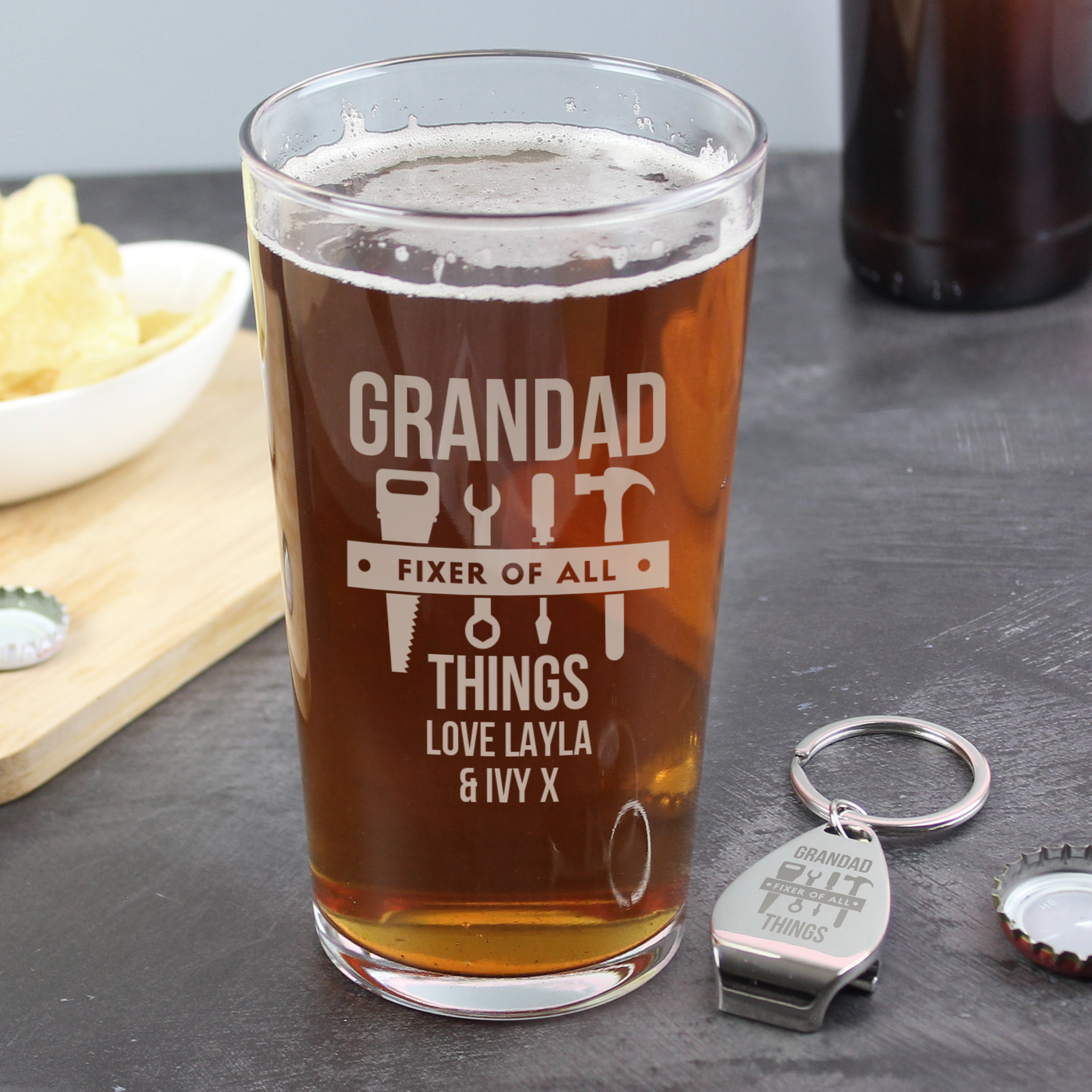 Personalised Fixer of All Things Pint Glass & Bottle Opener 2 Personalised Fixer of All Things Pint Glass & Bottle Opener