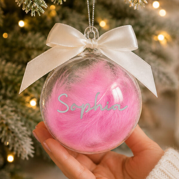Personalised Pink Feather Name Glass Bauble With Ribbon 19 Personalised Pink Feather Name Glass Bauble With Ribbon