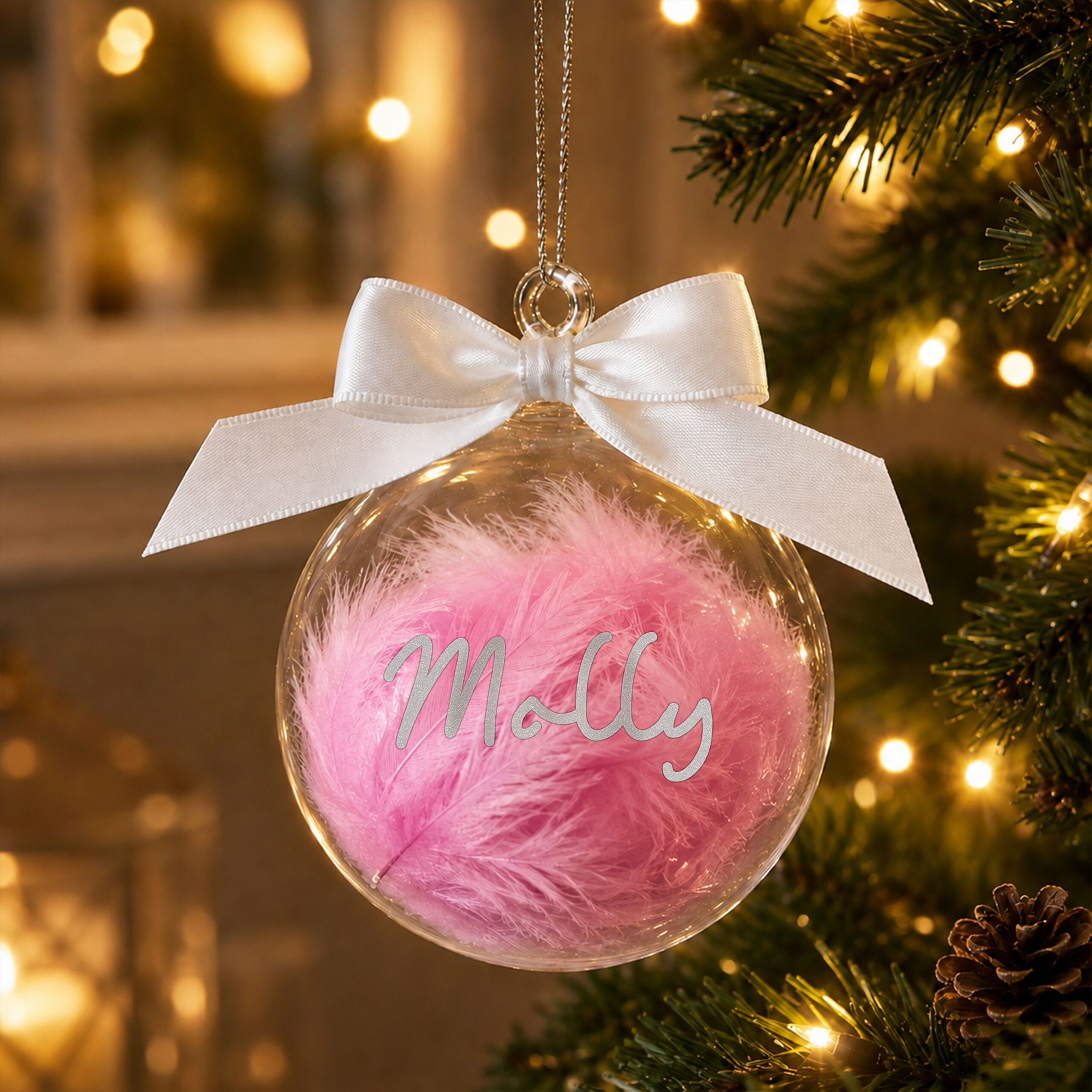 Personalised Pink Feather Name Glass Bauble With Ribbon 3 Personalised Pink Feather Name Glass Bauble With Ribbon