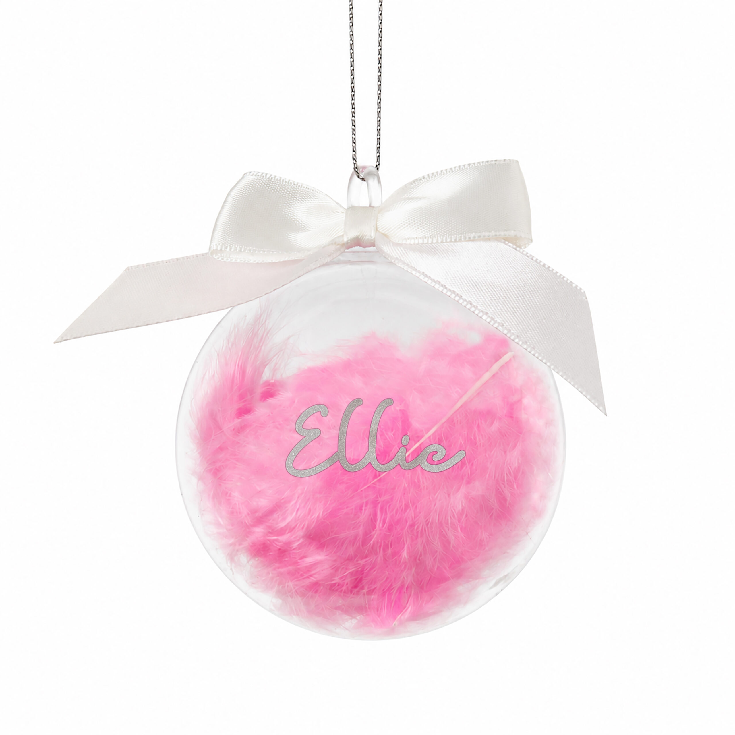 Personalised Pink Feather Name Glass Bauble With Ribbon 4 Personalised Pink Feather Name Glass Bauble With Ribbon