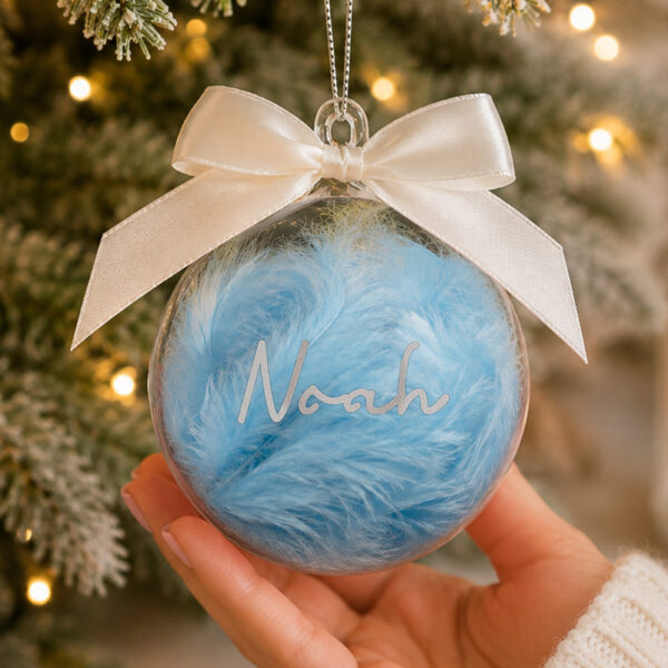Personalised Blue Feather Name Glass Bauble With Ribbon 18 Personalised Blue Feather Name Glass Bauble With Ribbon