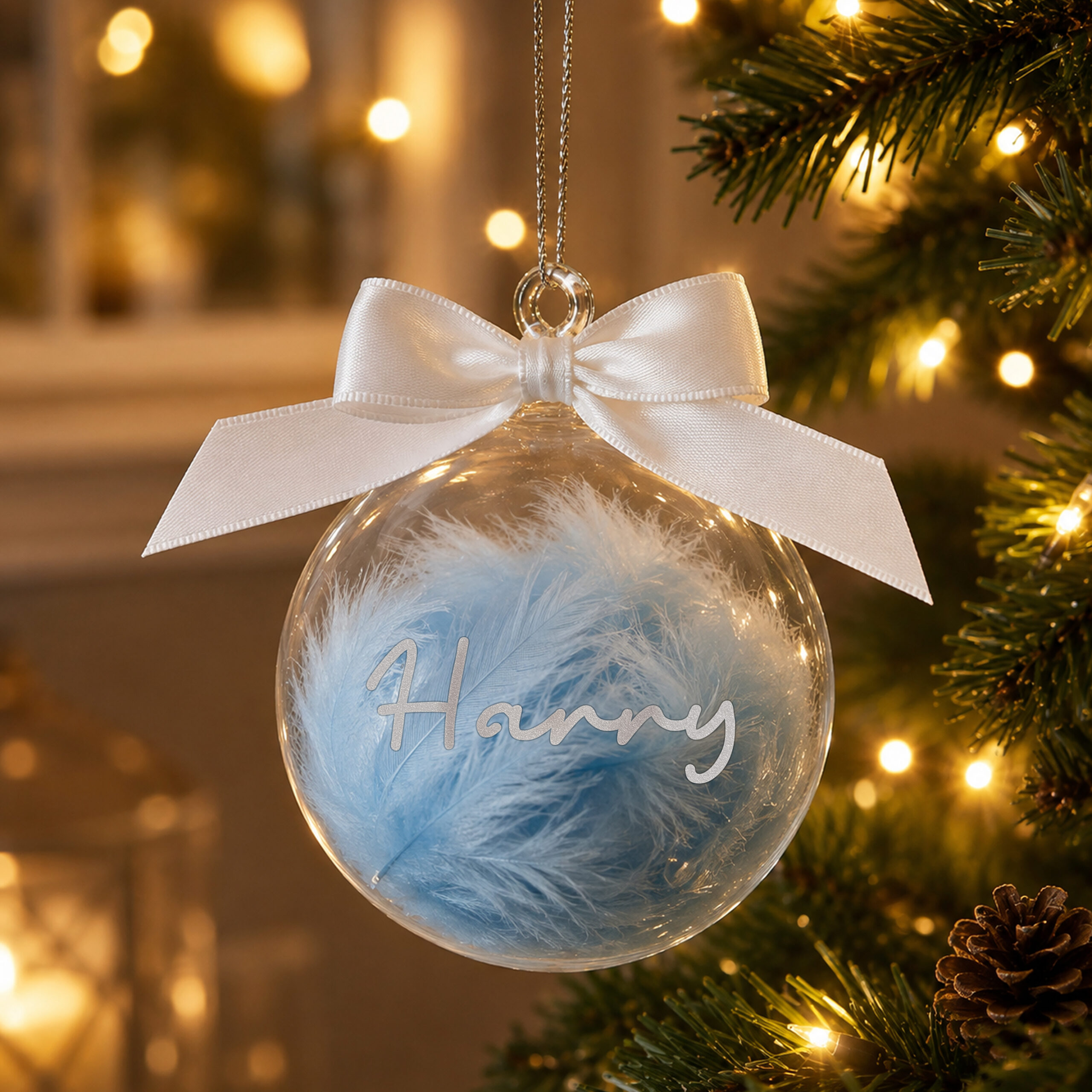 Personalised Blue Feather Name Glass Bauble With Ribbon 2 Personalised Blue Feather Name Glass Bauble With Ribbon
