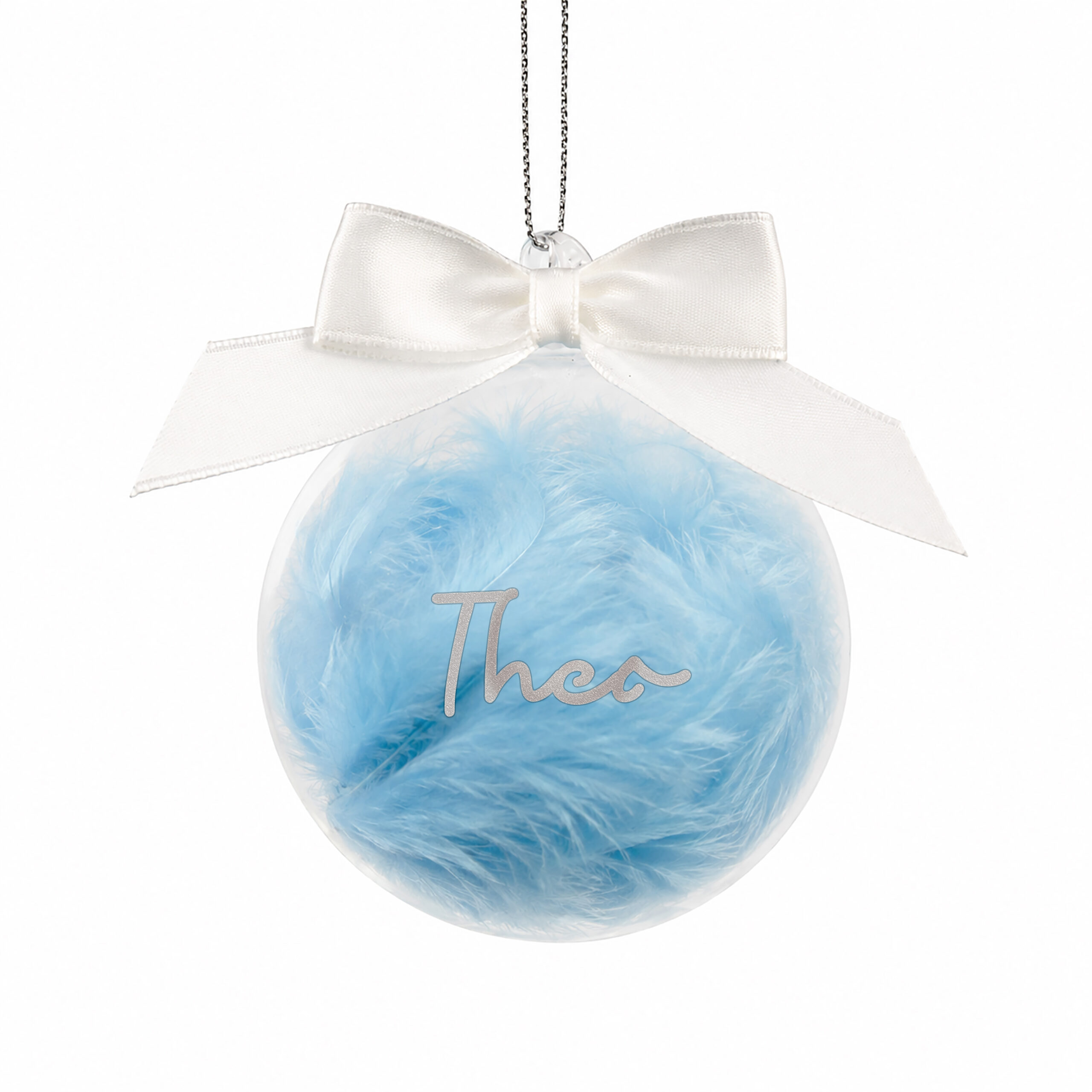 Personalised Blue Feather Name Glass Bauble With Ribbon 4 Personalised Blue Feather Name Glass Bauble With Ribbon