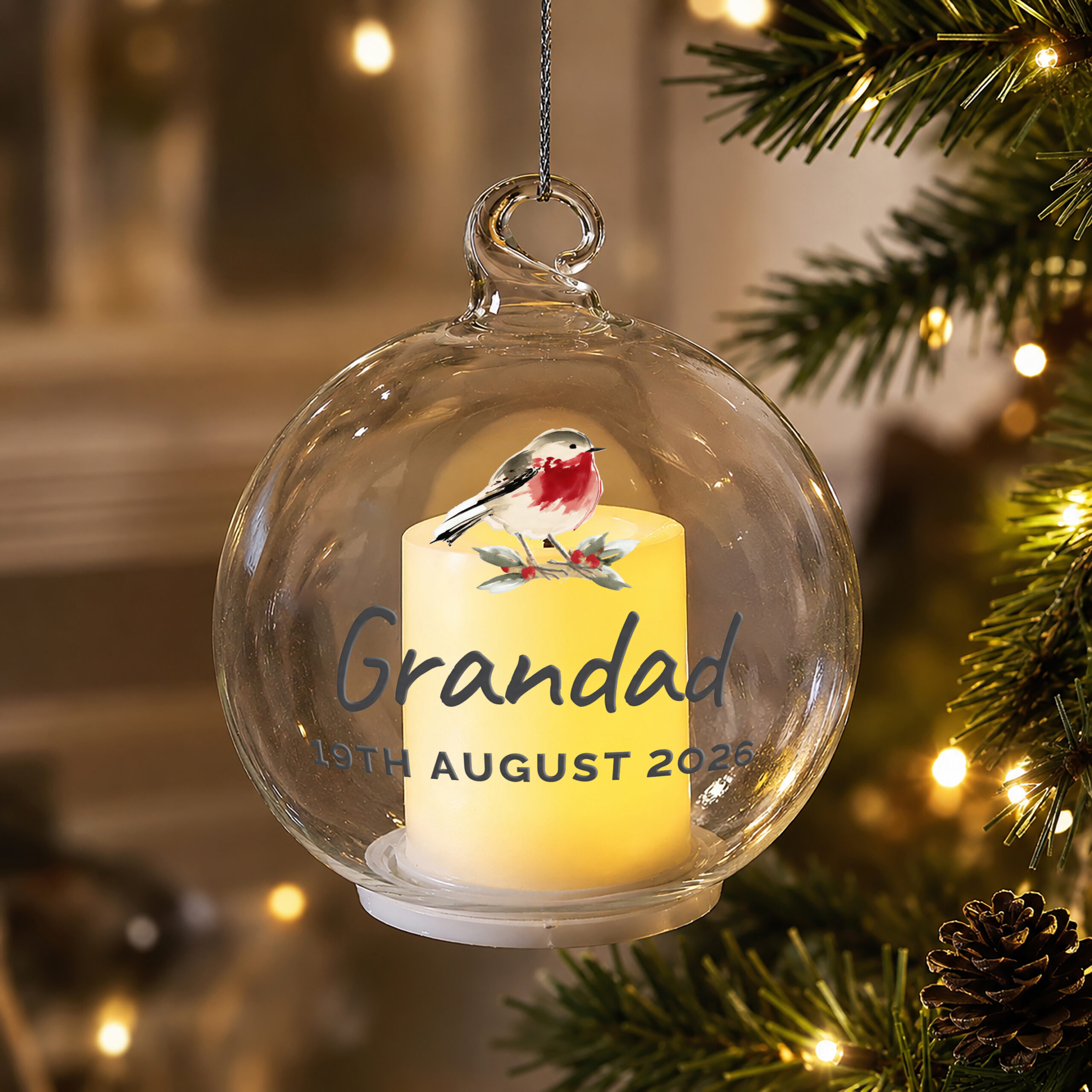 Personalised Robin Memorial LED Candle Bauble 1 Personalised Robin Memorial LED Candle Bauble