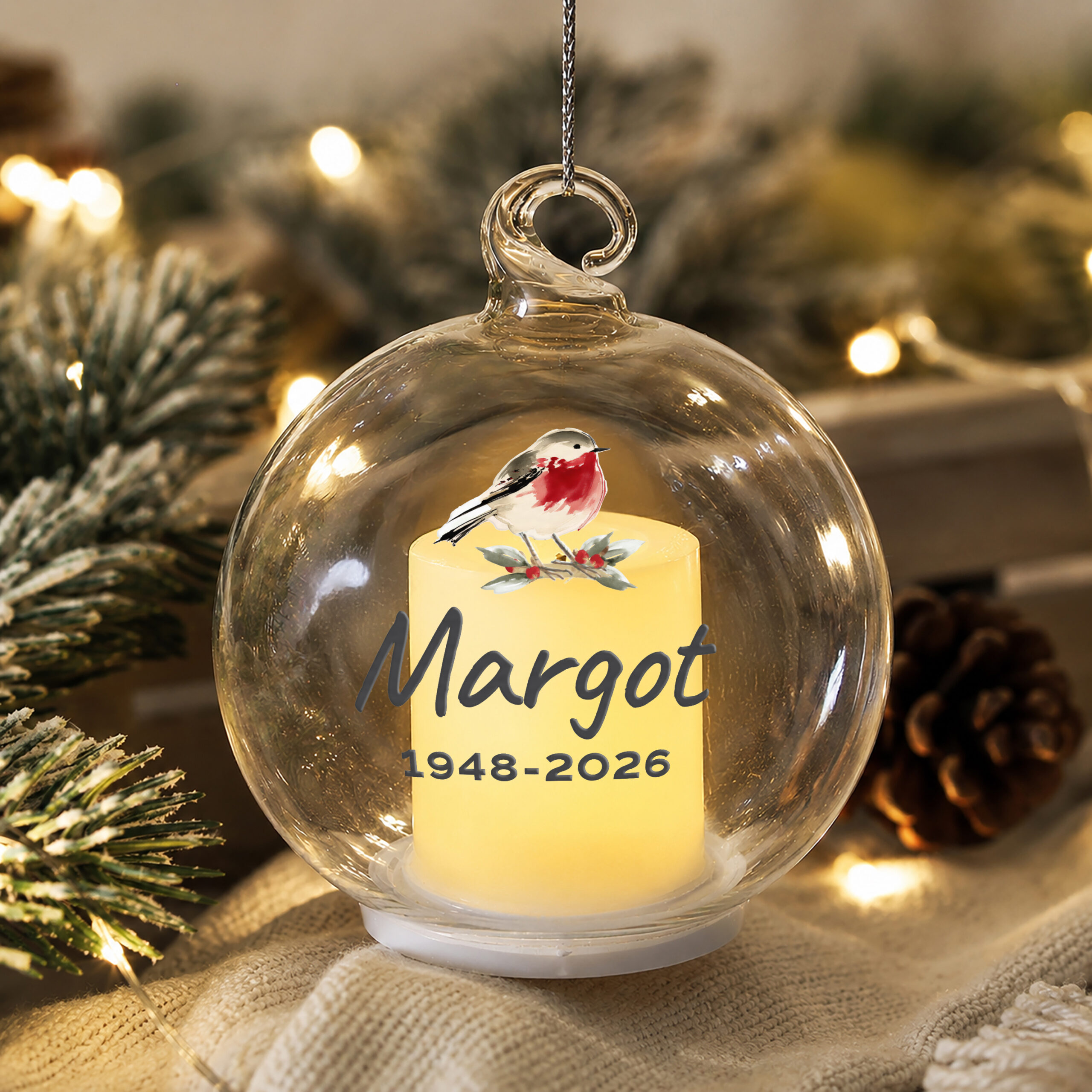 Personalised Robin Memorial LED Candle Bauble 2 Personalised Robin Memorial LED Candle Bauble