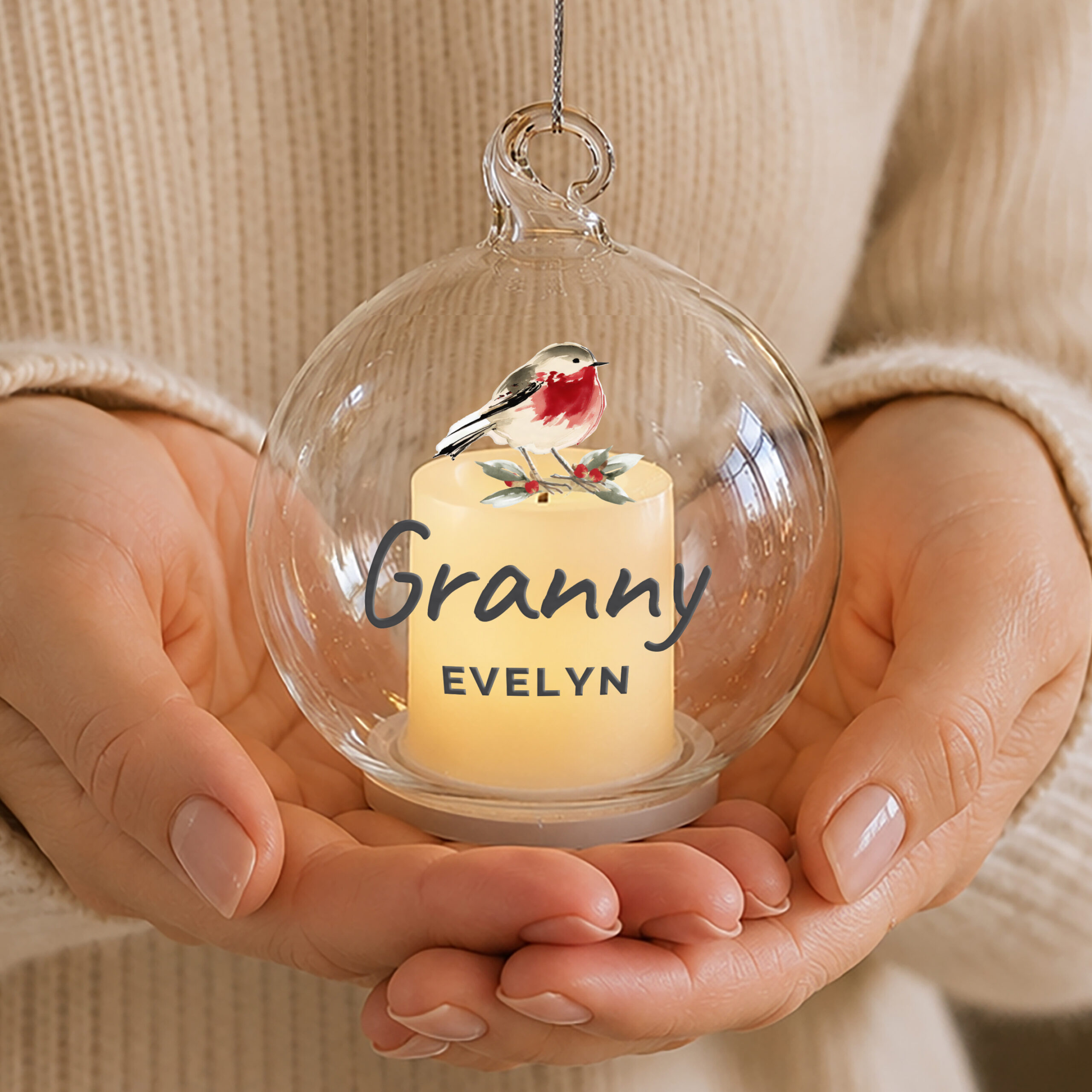 Personalised Robin Memorial LED Candle Bauble 3 Personalised Robin Memorial LED Candle Bauble