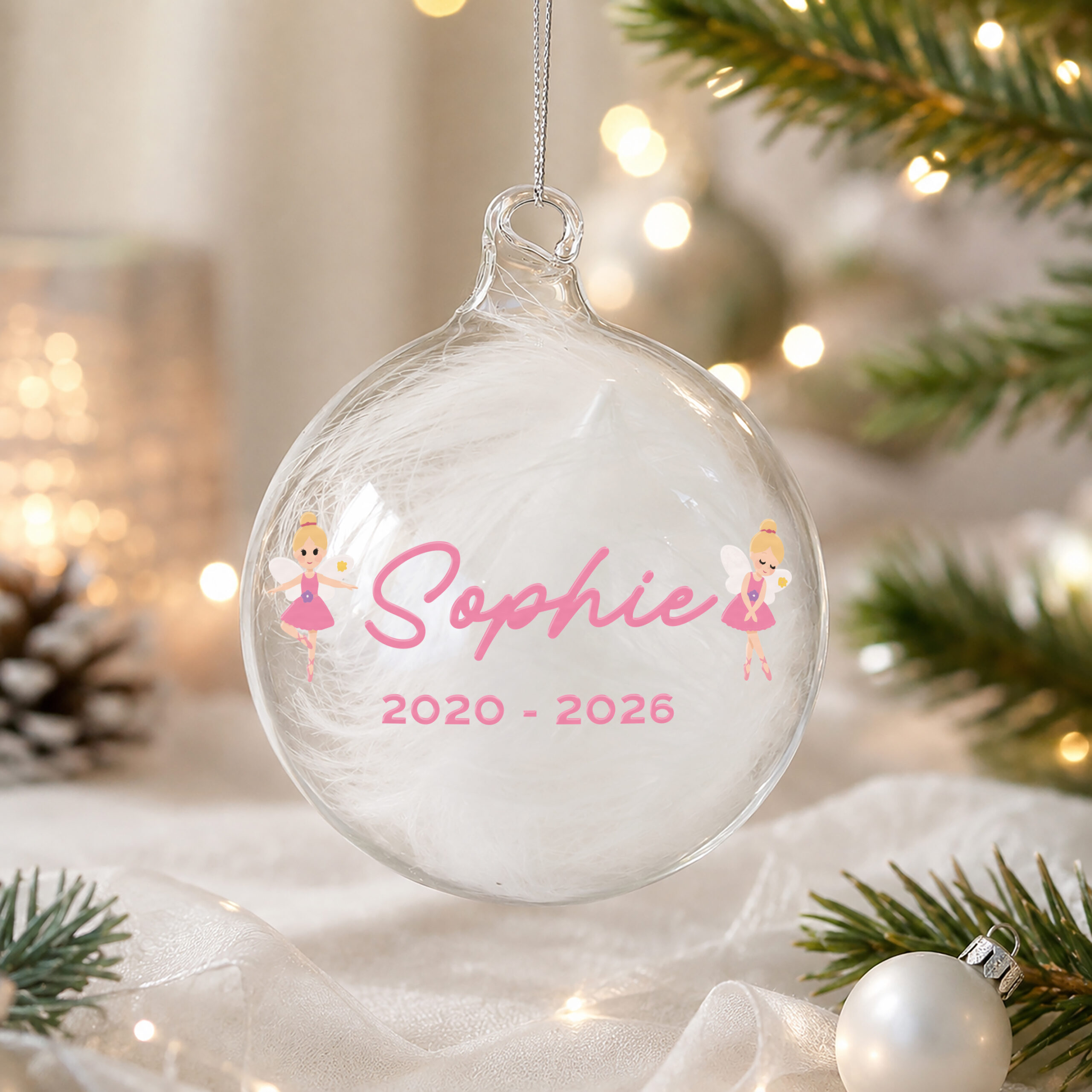 Personalised Fairy White Feather Bauble 3 Personalised Fairy White Feather Bauble