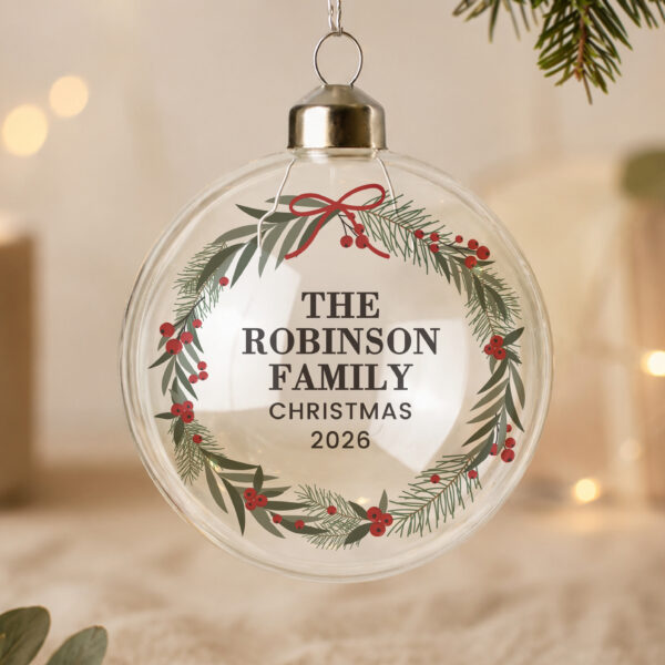 Personalised Green Christmas Wreath Glass Bauble 26 Personalised Green Christmas Wreath Glass Bauble