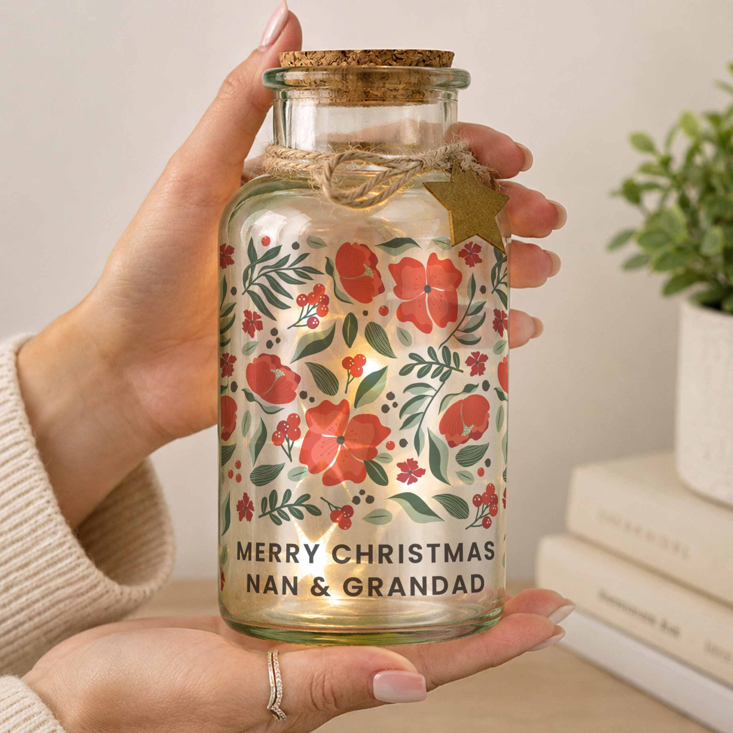Personalised Poinsettia LED Glass Jar 1 Personalised Poinsettia LED Glass Jar