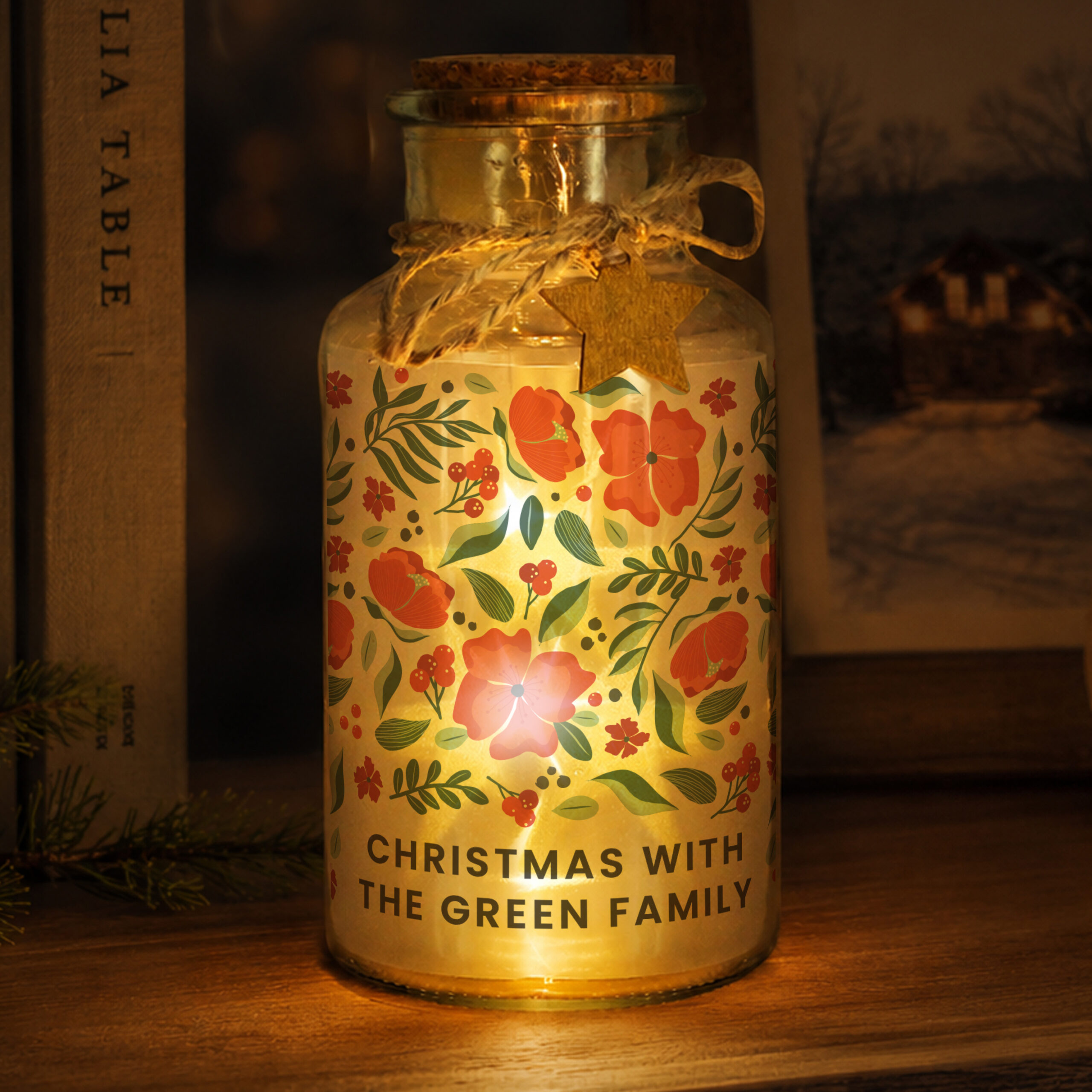 Personalised Poinsettia LED Glass Jar 2 Personalised Poinsettia LED Glass Jar