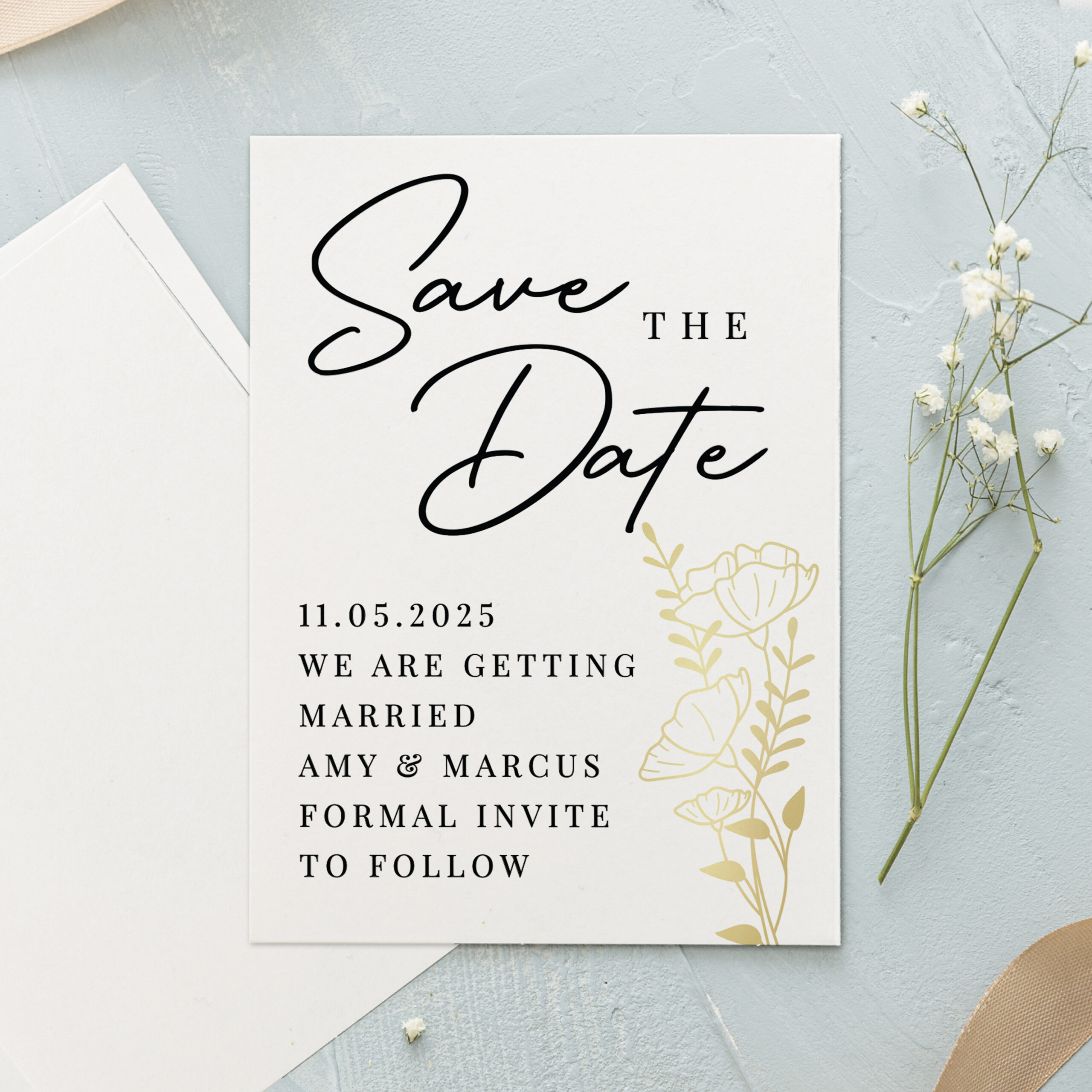 Personalised Gold Floral Set of 36 Wedding Save the Dates 1 Personalised Gold Floral Set of 36 Wedding Save the Dates