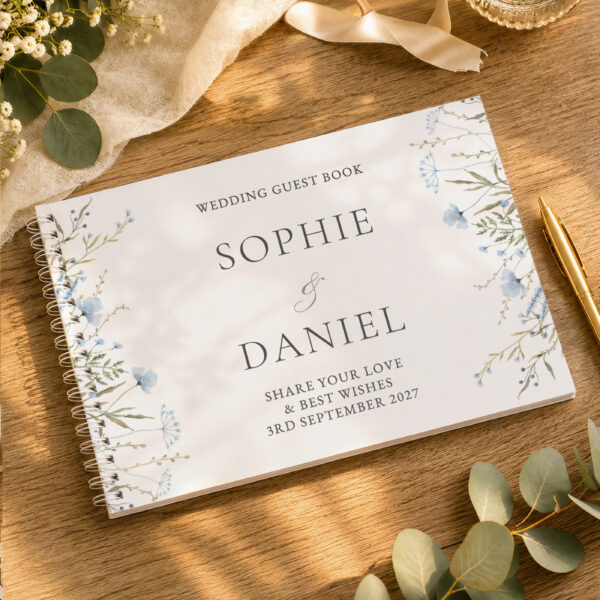 Personalised Blue Wild Flowers Wedding Guest Book