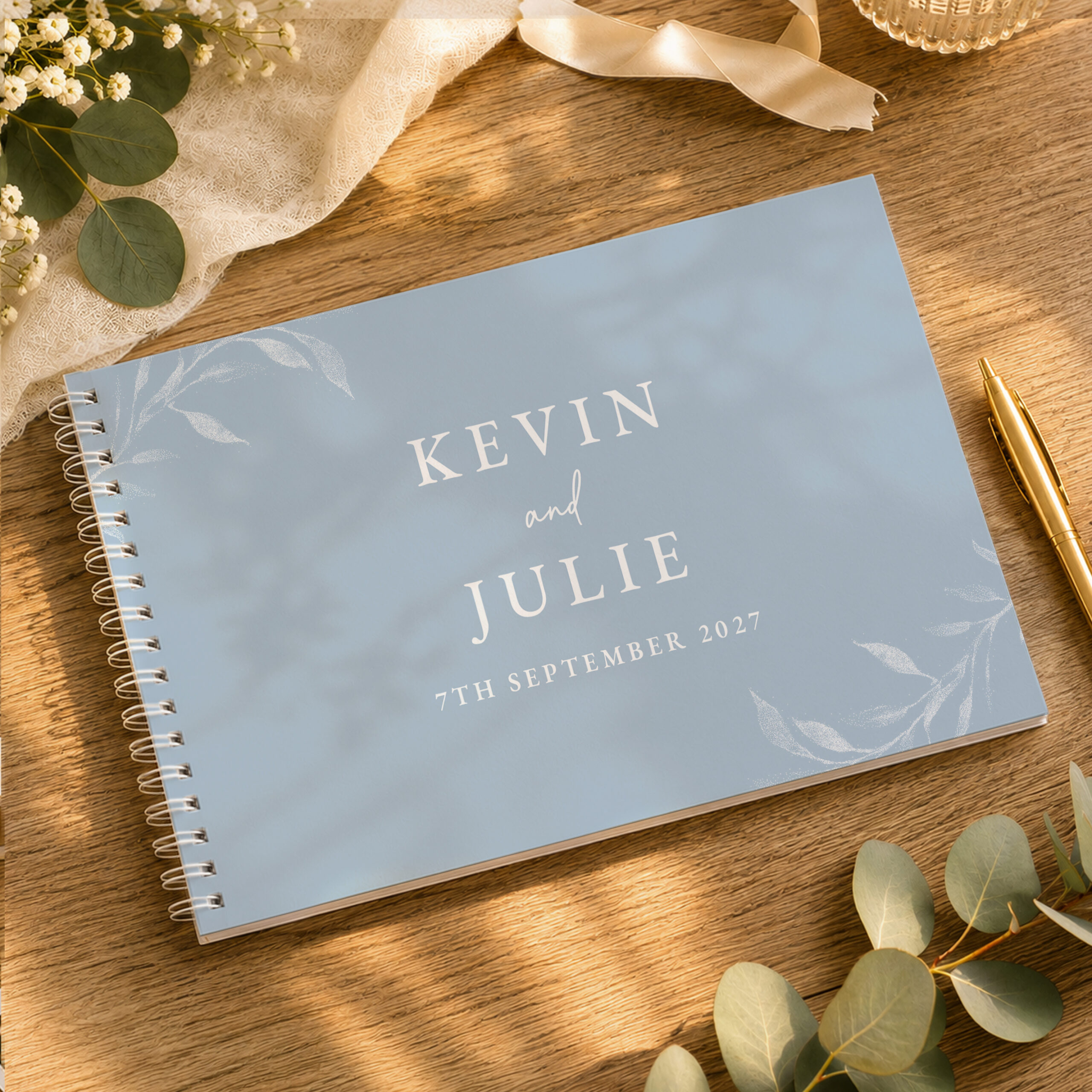 Personalised Botanical Baby Blue Wedding Guest Book 1 Personalised Botanical Baby Blue Wedding Guest Book