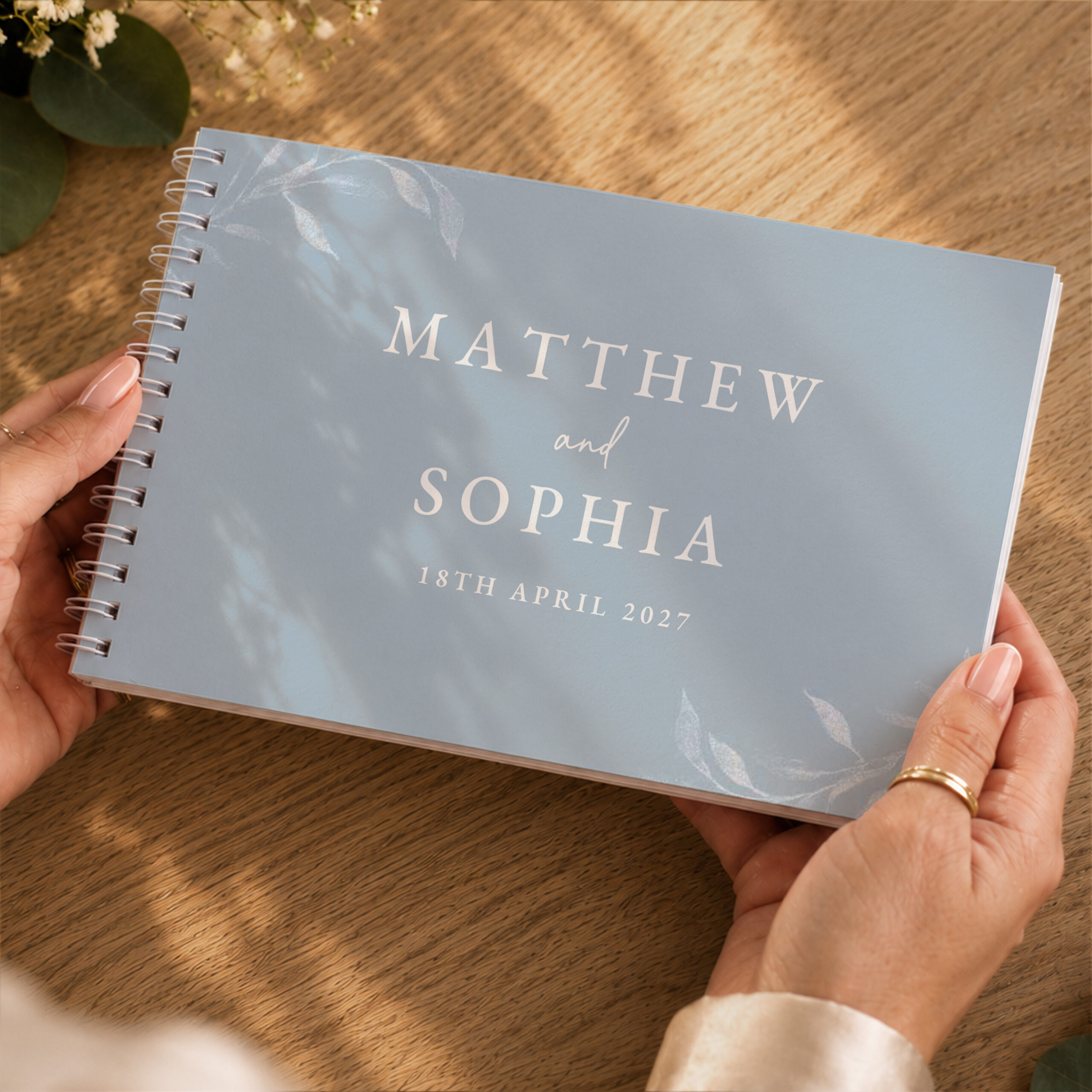 Personalised Botanical Baby Blue Wedding Guest Book 2 Personalised Botanical Baby Blue Wedding Guest Book