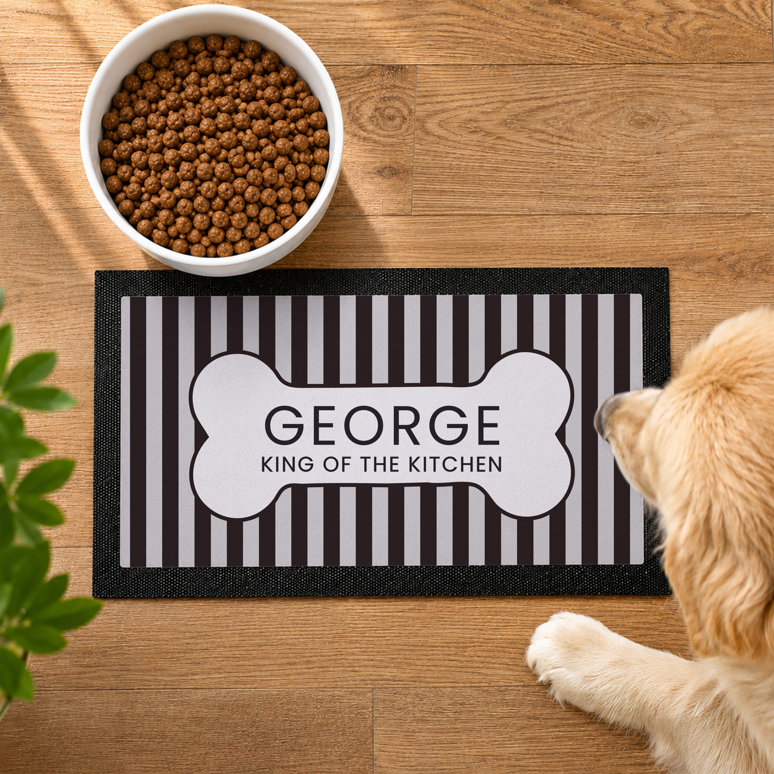 Personalised Black Stripe Pet Bowl Mat 1 Personalised Black Stripe Pet Bowl Mat
