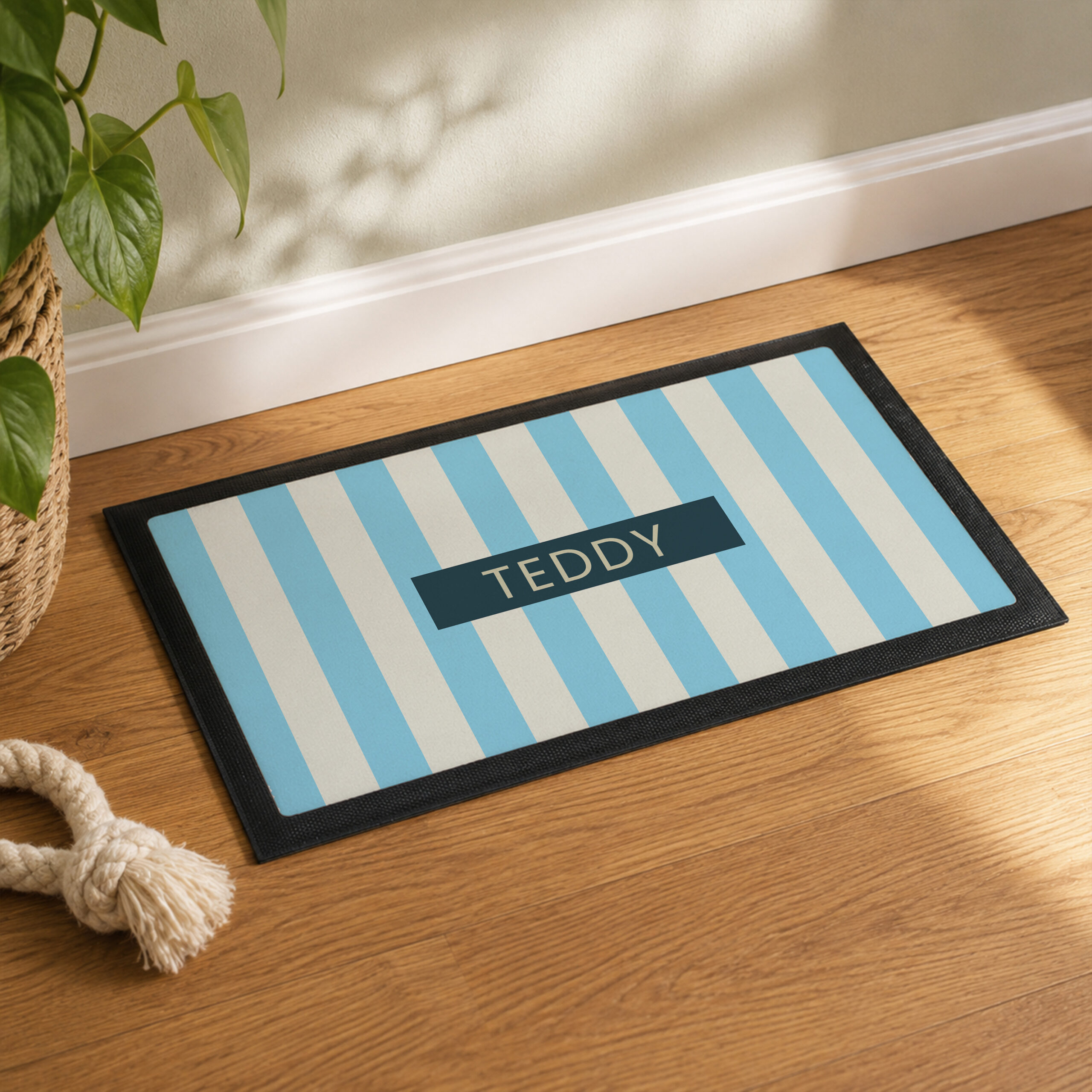 Personalised Blue Stripe Pet Bowl Mat 1 Personalised Blue Stripe Pet Bowl Mat