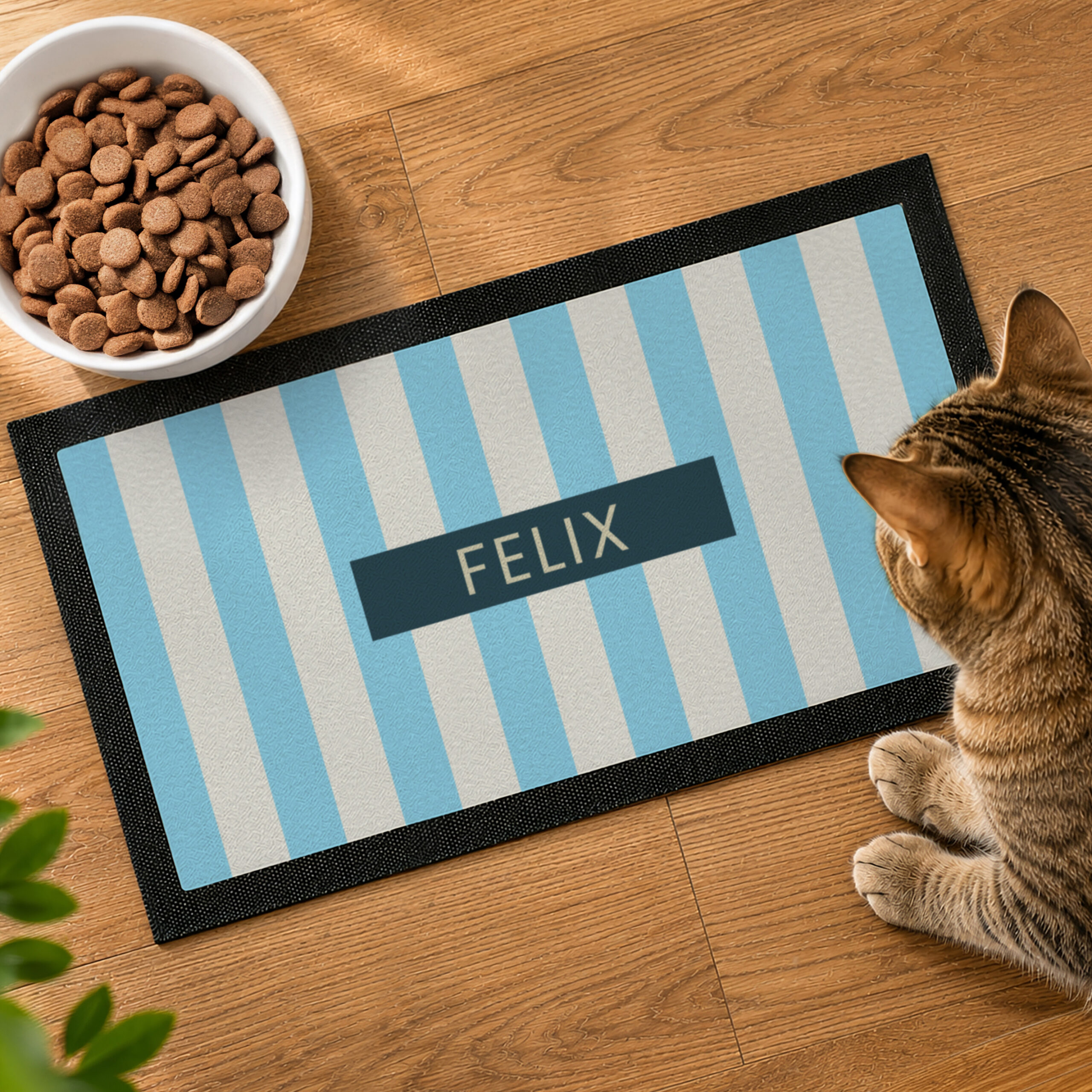 Personalised Blue Stripe Pet Bowl Mat 2 Personalised Blue Stripe Pet Bowl Mat