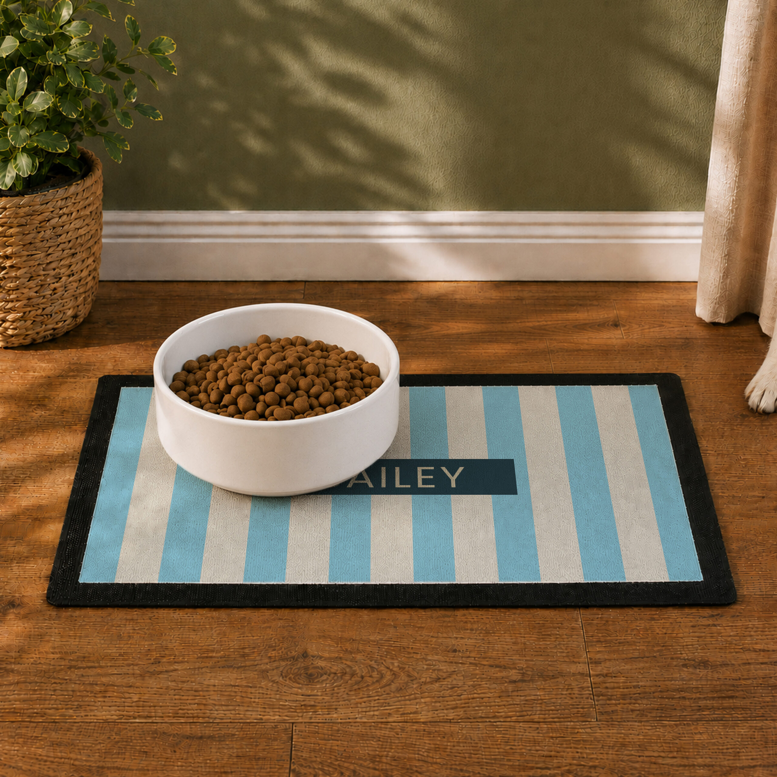 Personalised Blue Stripe Pet Bowl Mat 6 Personalised Blue Stripe Pet Bowl Mat