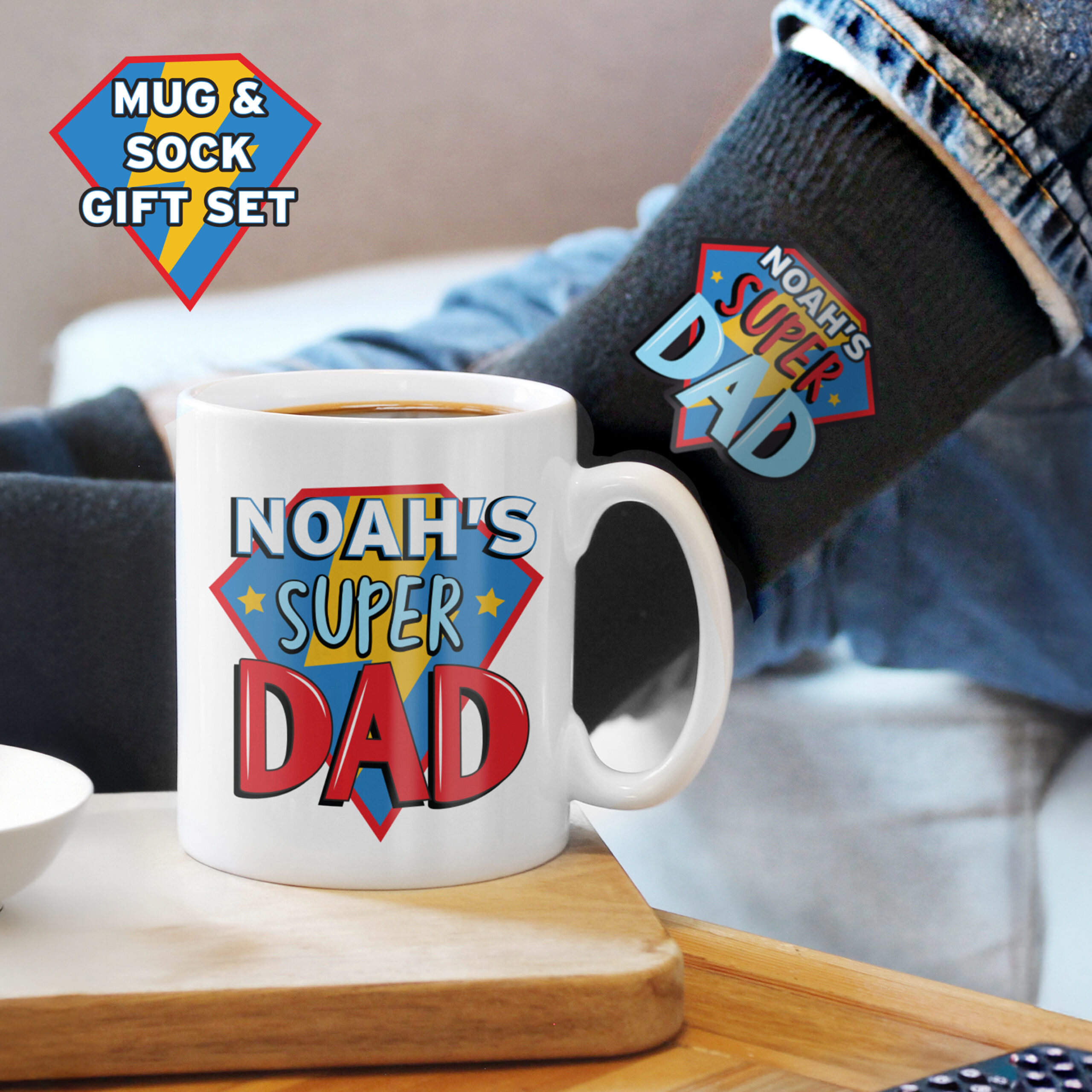 Personalised Super Dad Mug & Socks Set 1 Personalised Super Dad Mug & Socks Set