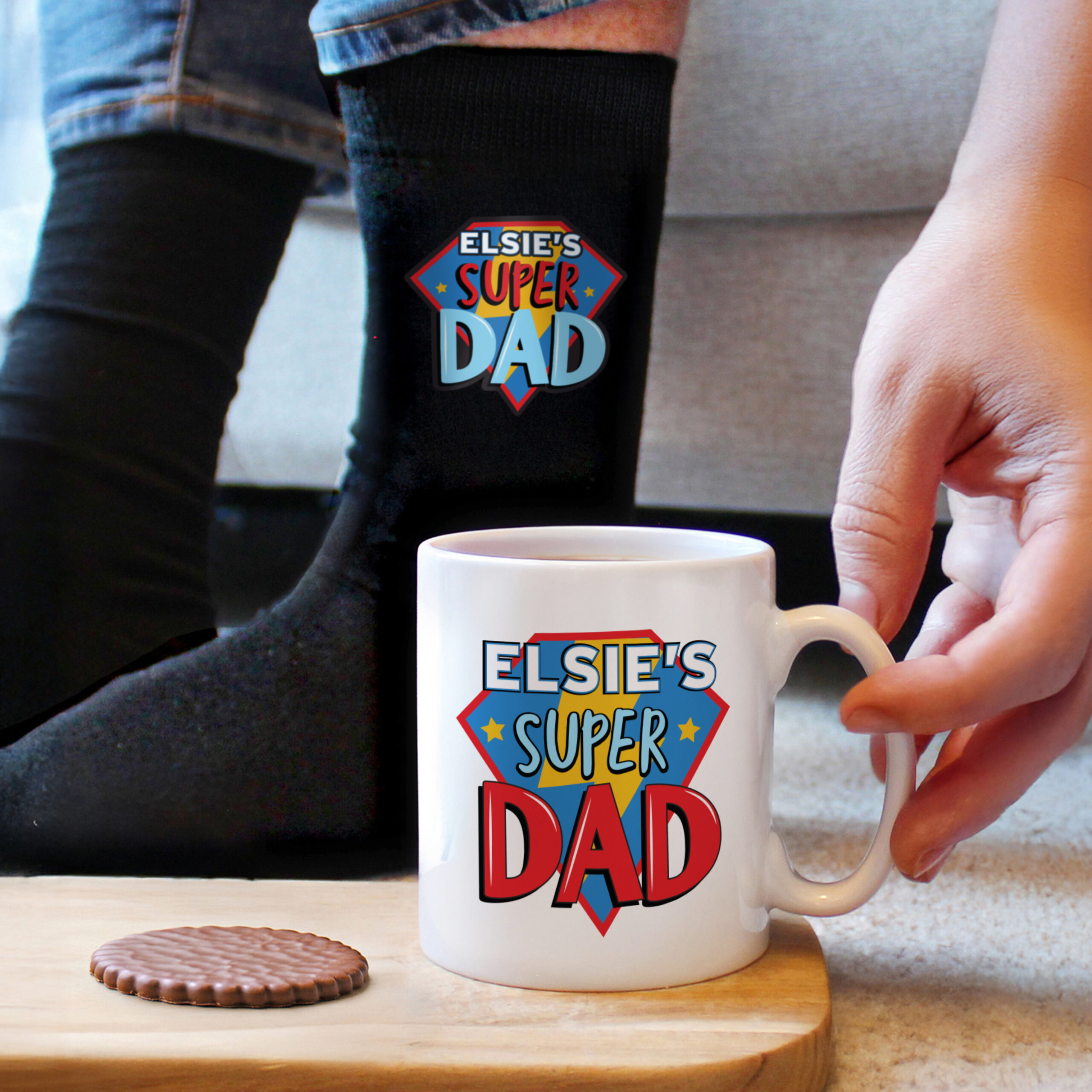 Personalised Super Dad Mug & Socks Set 2 Personalised Super Dad Mug & Socks Set