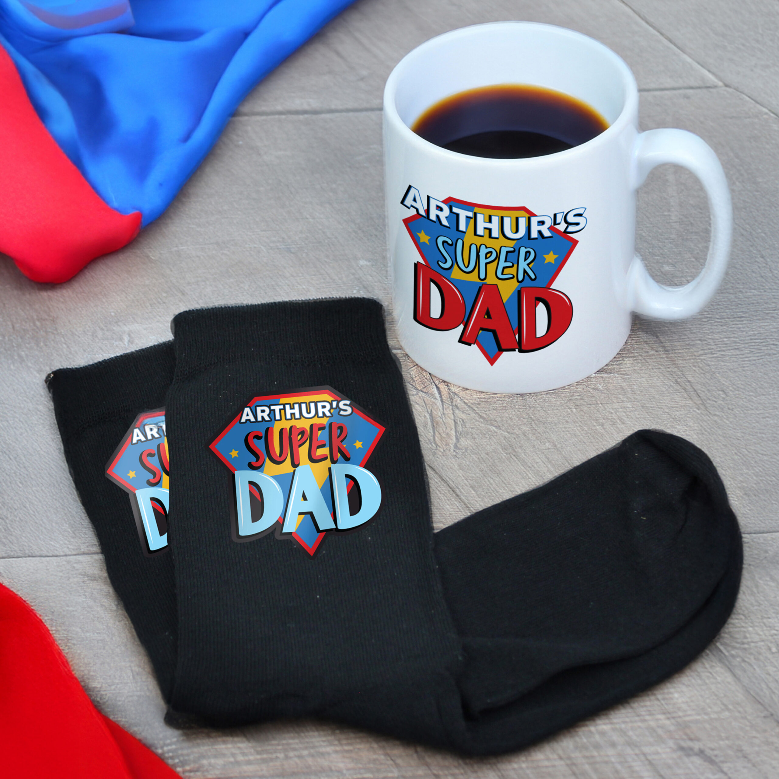 Personalised Super Dad Mug & Socks Set 3 Personalised Super Dad Mug & Socks Set