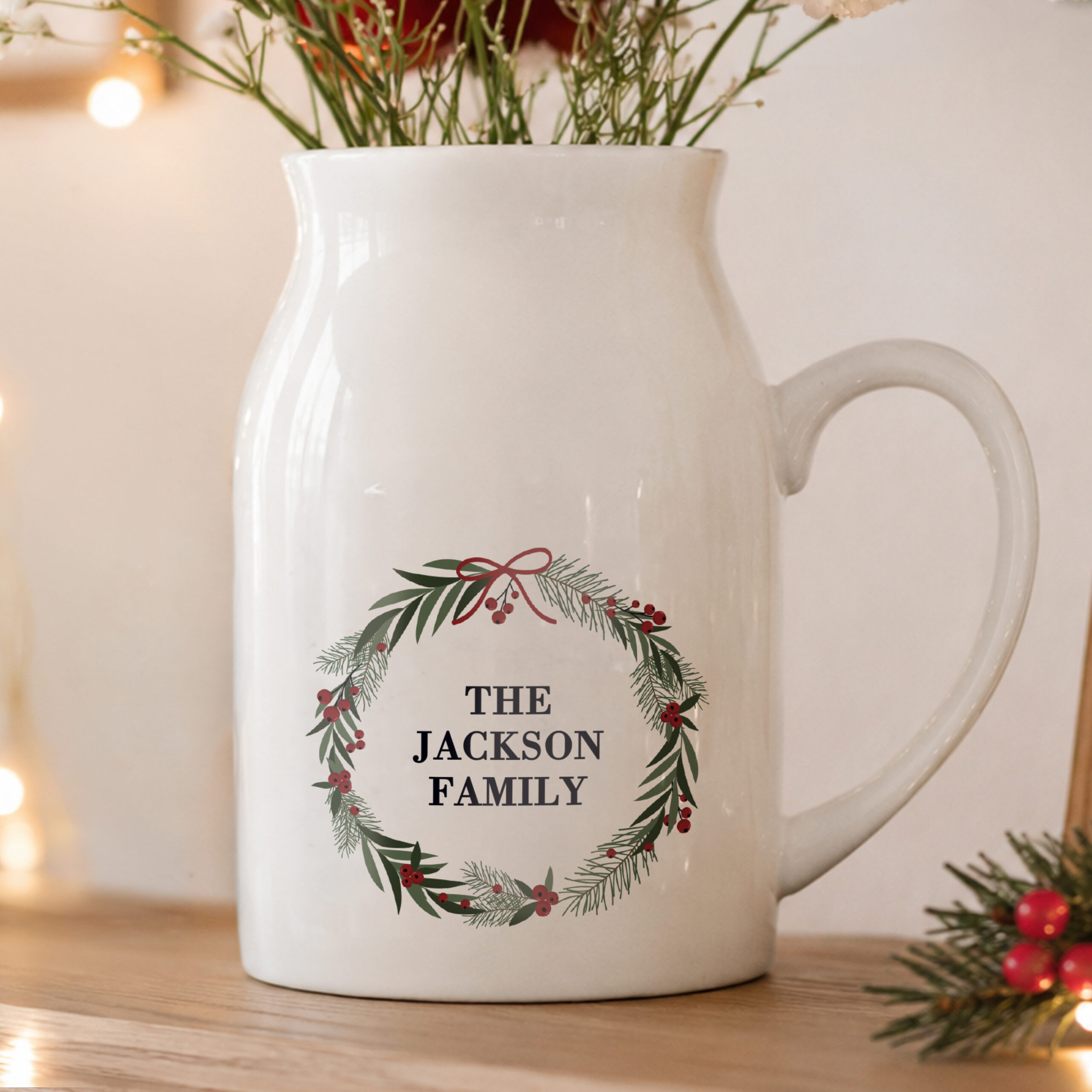Personalised Green Christmas Wreath Ceramic Jug Vase 1 Personalised Green Christmas Wreath Ceramic Jug Vase