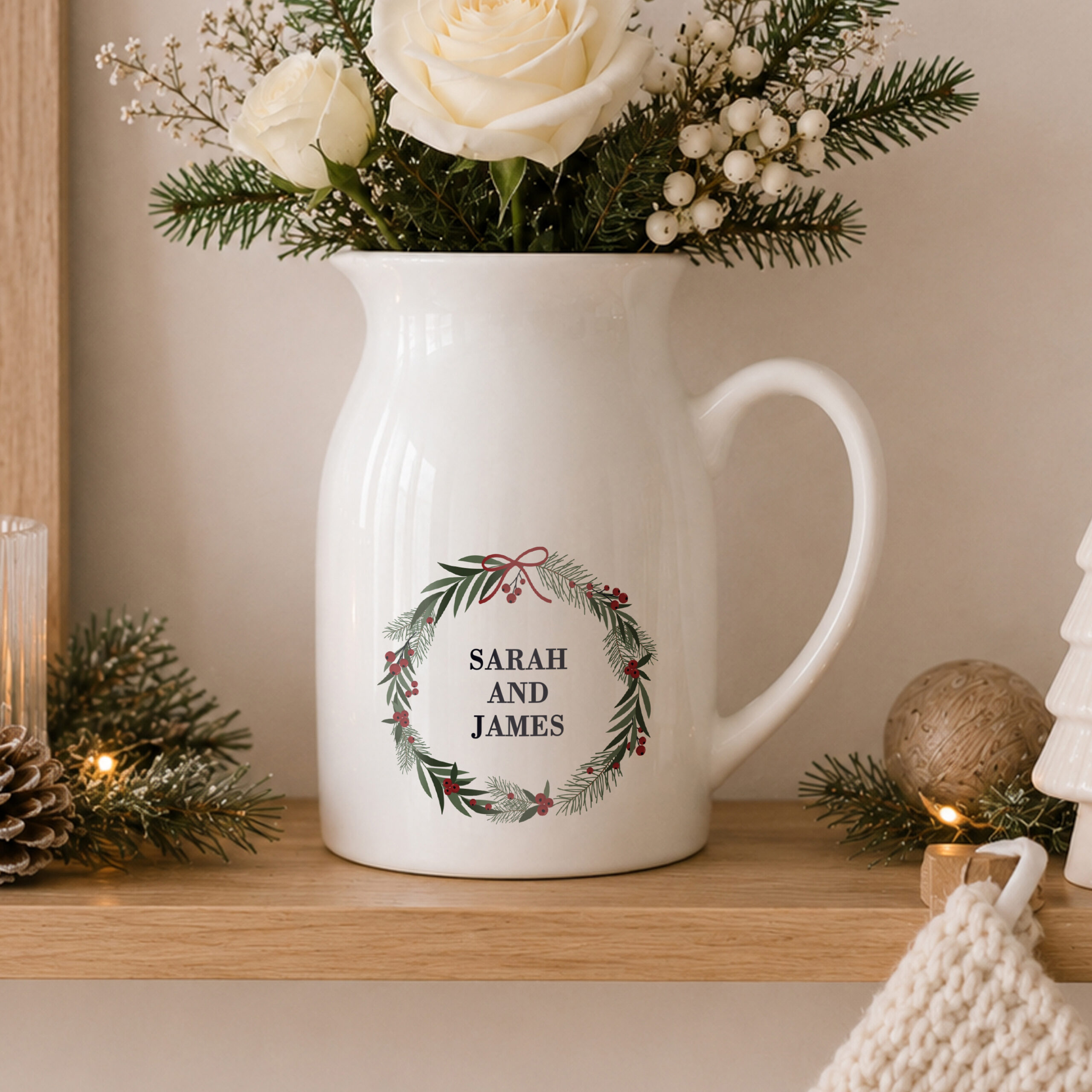 Personalised Green Christmas Wreath Ceramic Jug Vase 2 Personalised Green Christmas Wreath Ceramic Jug Vase