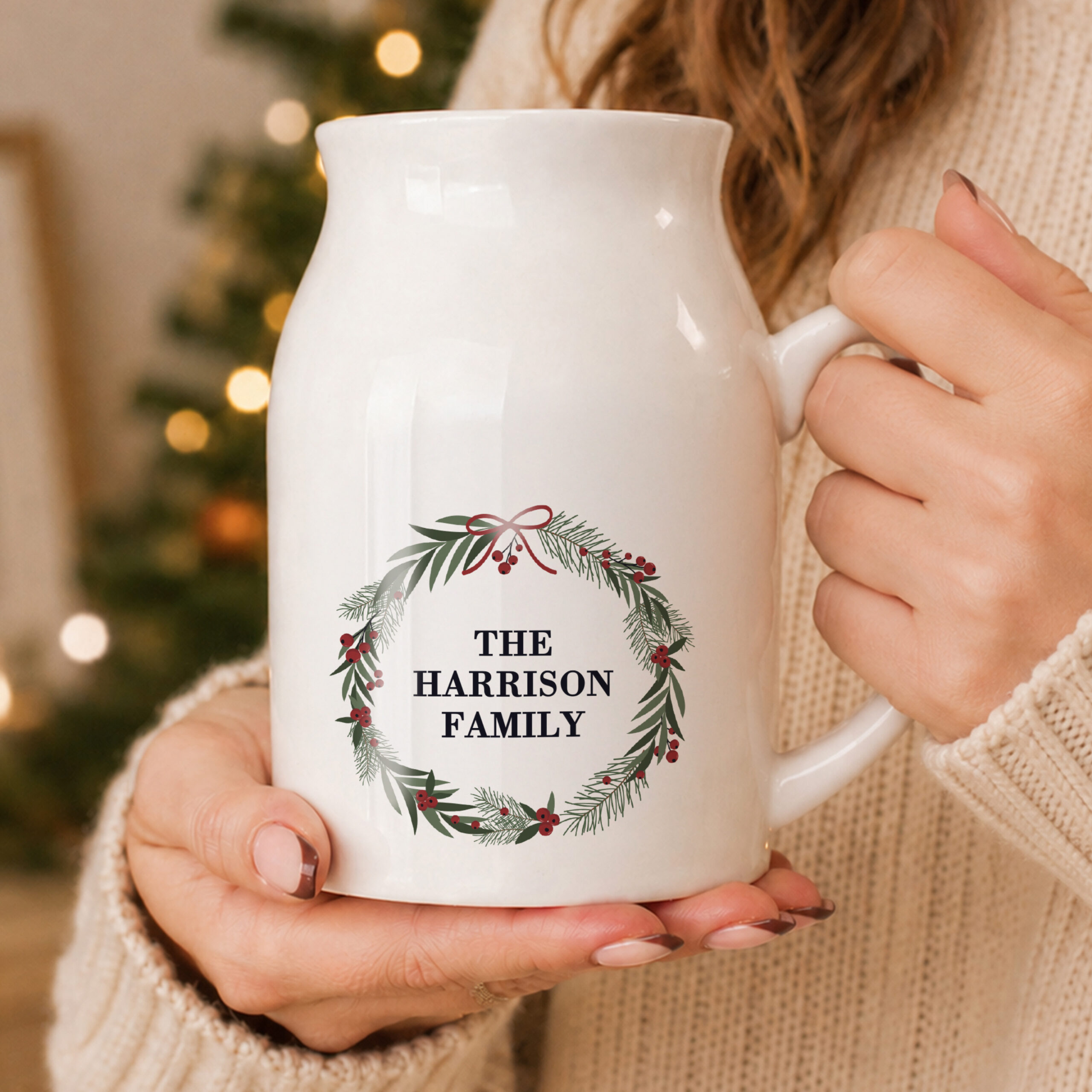 Personalised Green Christmas Wreath Ceramic Jug Vase 3 Personalised Green Christmas Wreath Ceramic Jug Vase