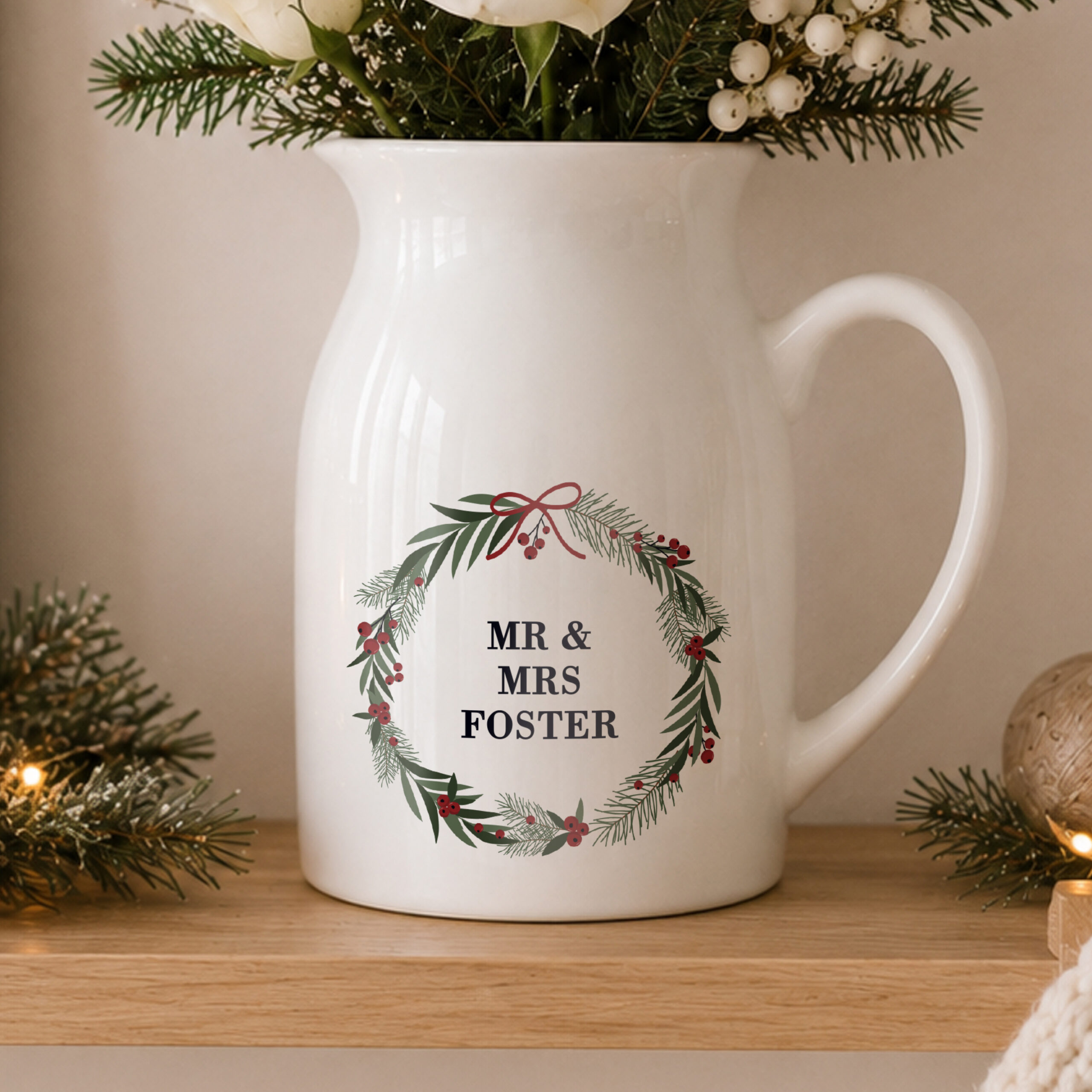 Personalised Green Christmas Wreath Ceramic Jug Vase 4 Personalised Green Christmas Wreath Ceramic Jug Vase